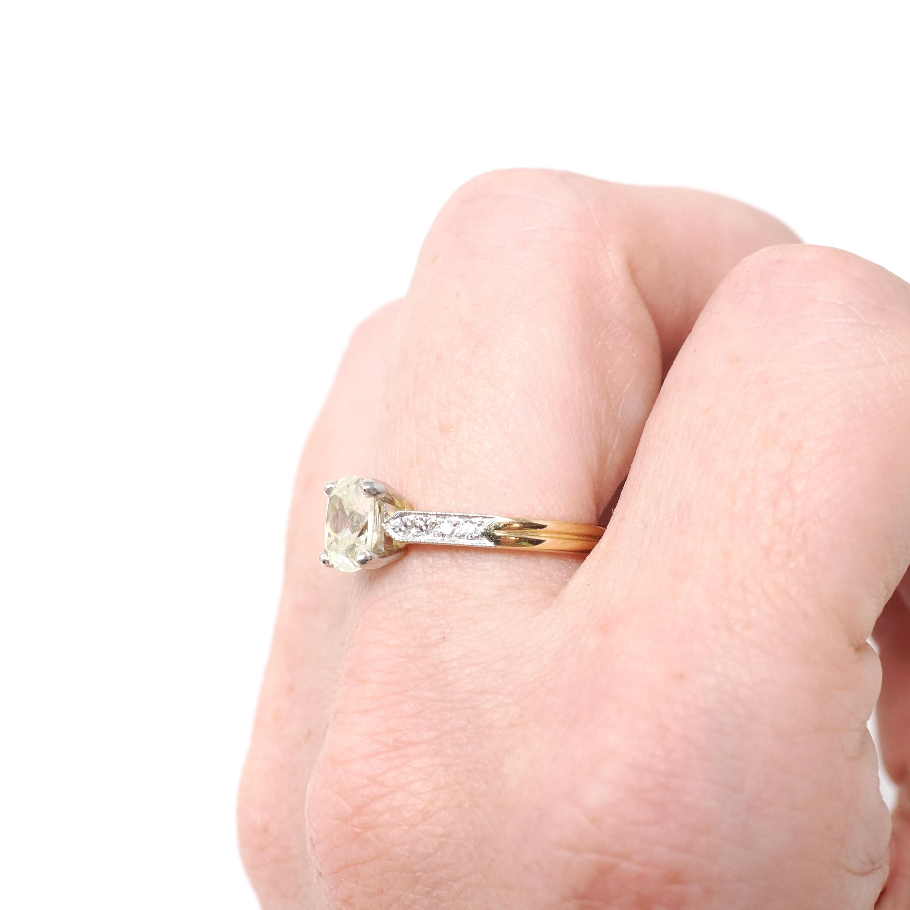 Diamond Engagement Ring - Modern 18k Yellow Gold & Platinum Two Tone French Bridal - Estate Vintage Style Size 6 1/2 GIA Report Fine Jewelry