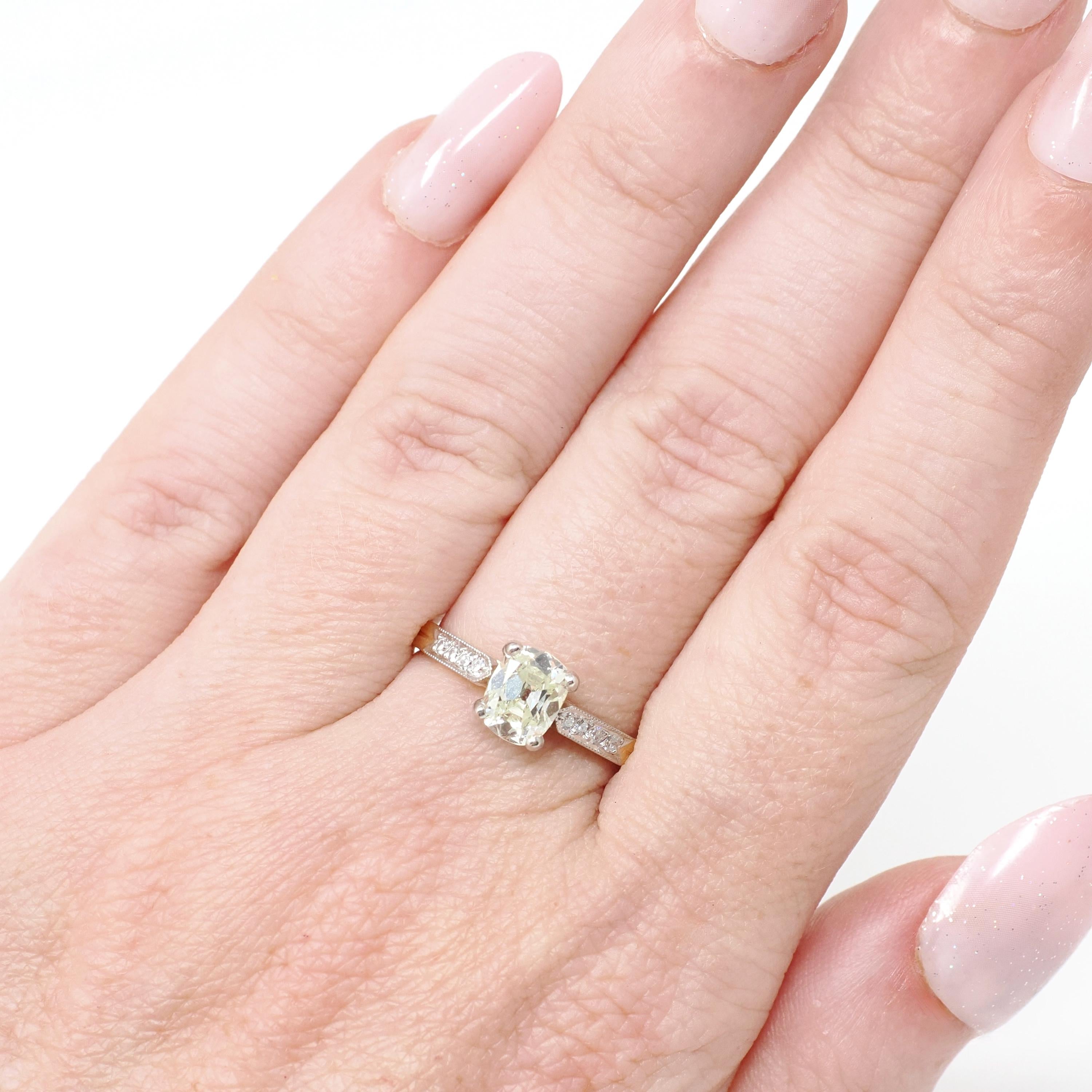 Diamond Engagement Ring - Modern 18k Yellow Gold & Platinum Two Tone French Bridal - Estate Vintage Style Size 6 1/2 GIA Report Fine Jewelry
