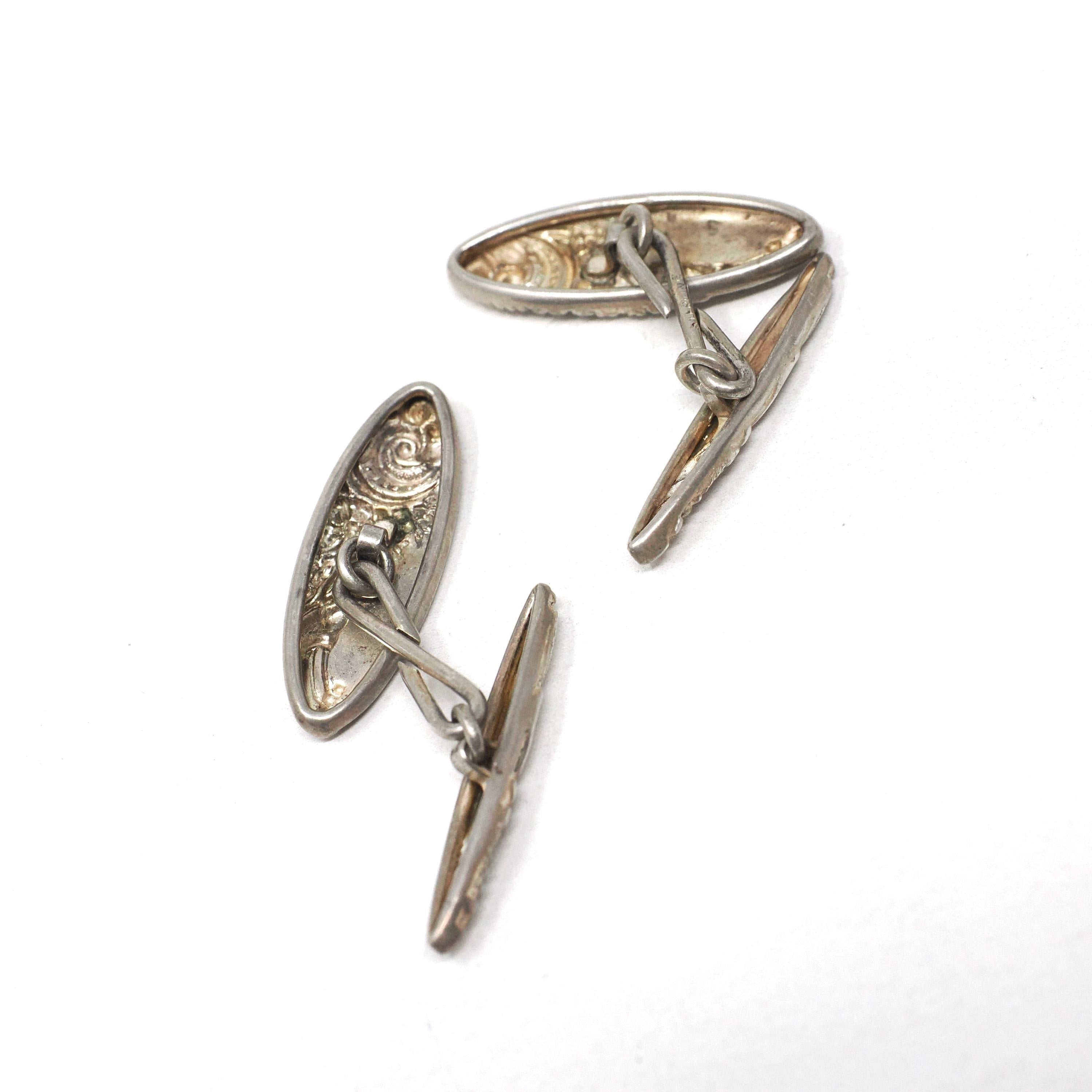 Edwardian Cufflinks - Vintage Sterling Silver Matched Repousse Navette Plate Design - Circa 1900s Set of 2 Scroll Links Fine Unisex Jewelry