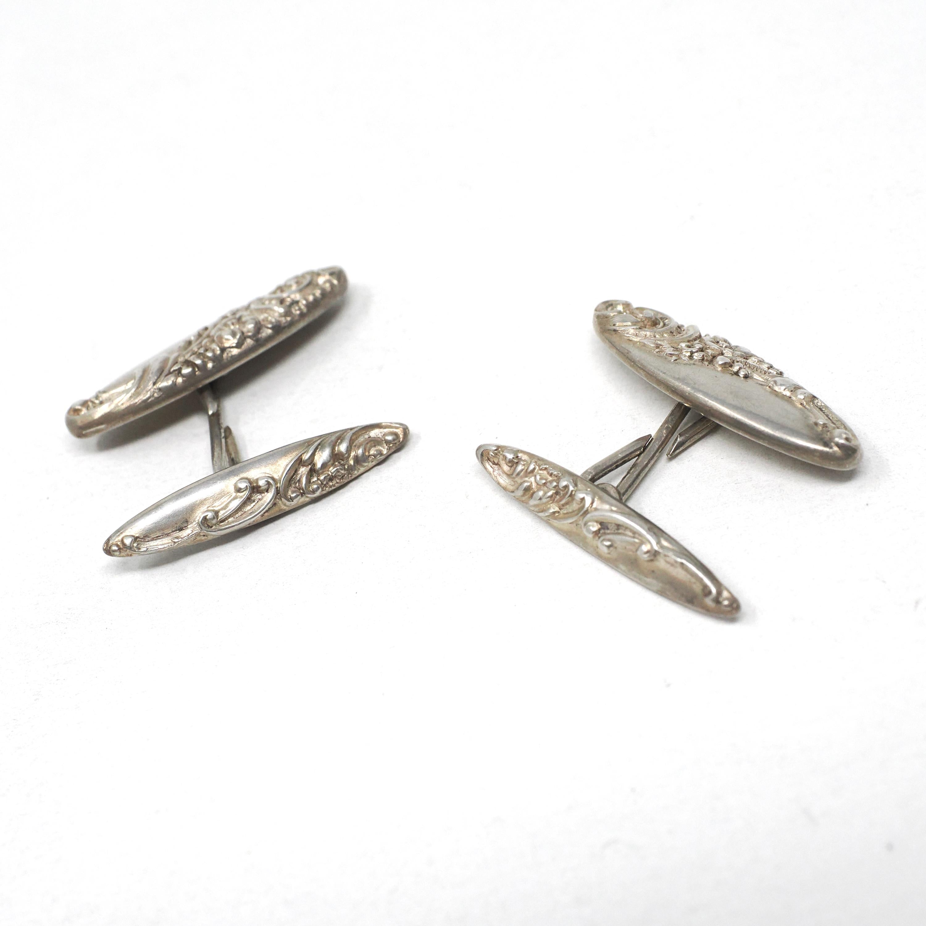 Edwardian Cufflinks - Vintage Sterling Silver Matched Repousse Navette Plate Design - Circa 1900s Set of 2 Scroll Links Fine Unisex Jewelry