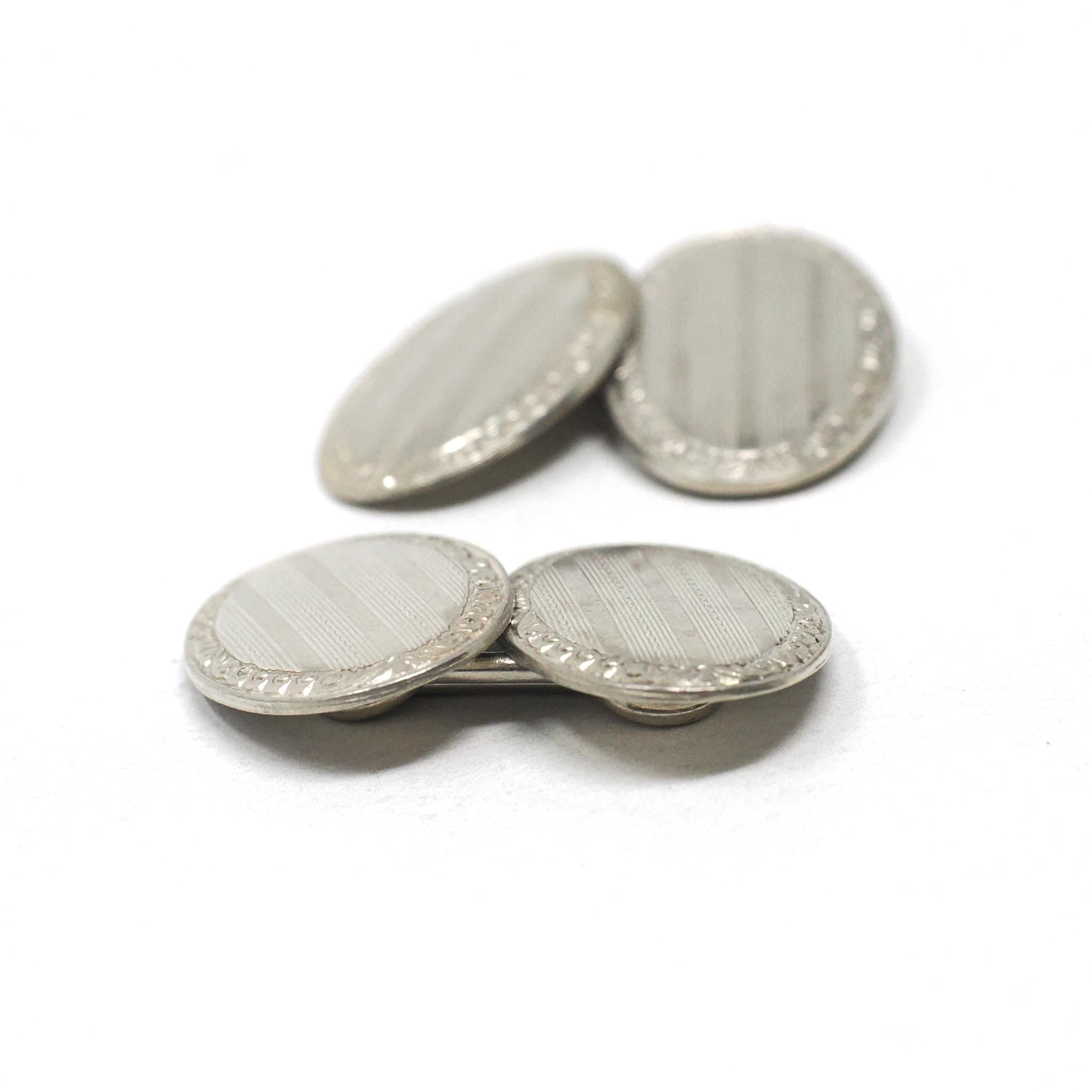 Art Deco Cufflinks - Vintage Sterling Silver Matched Oval Linear Engraved Plate Design - Circa 1930s Era Set of 2 Links Fine Unisex Jewelry