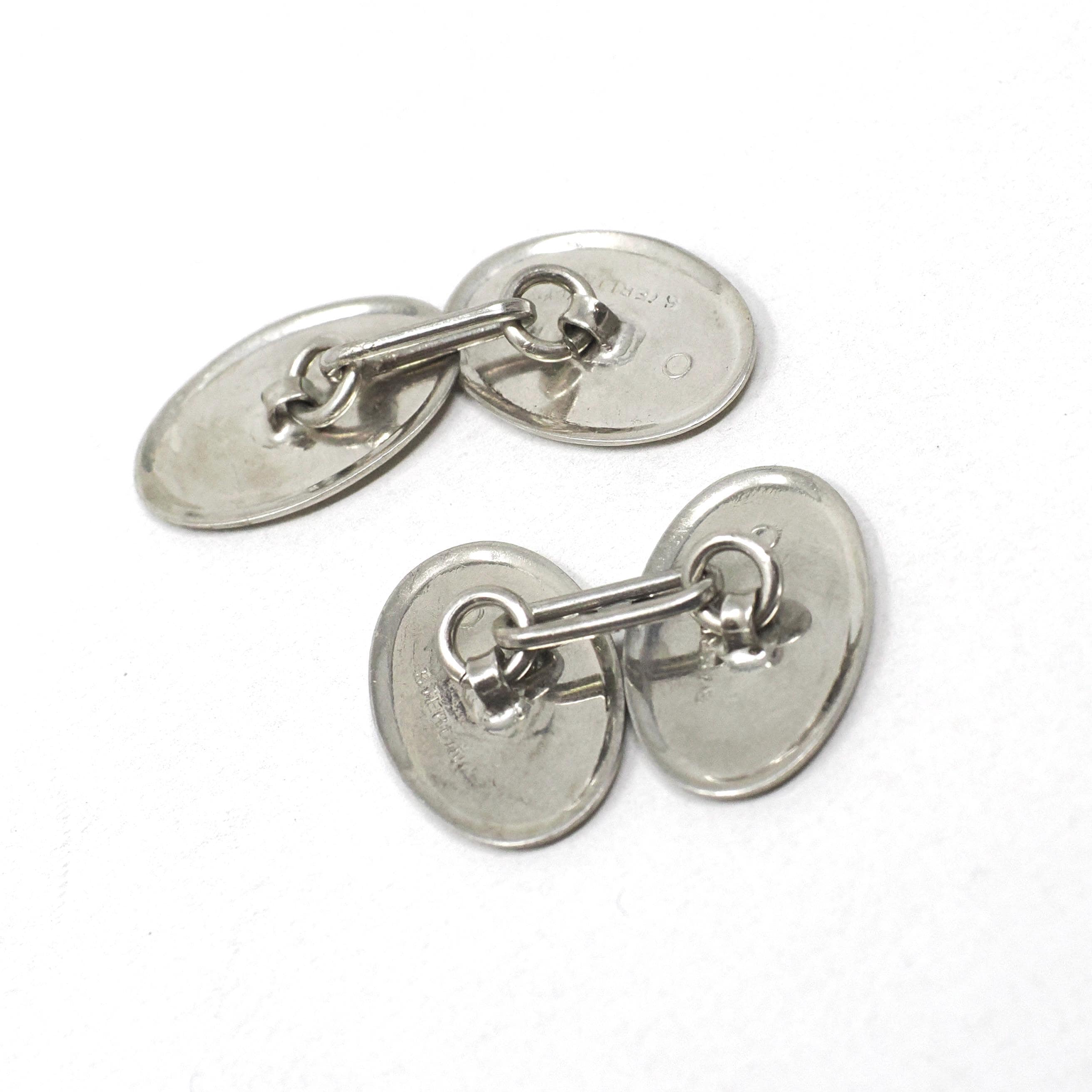 Art Deco Cufflinks - Vintage Sterling Silver Matched Oval Linear Engraved Plate Design - Circa 1930s Era Set of 2 Links Fine Unisex Jewelry