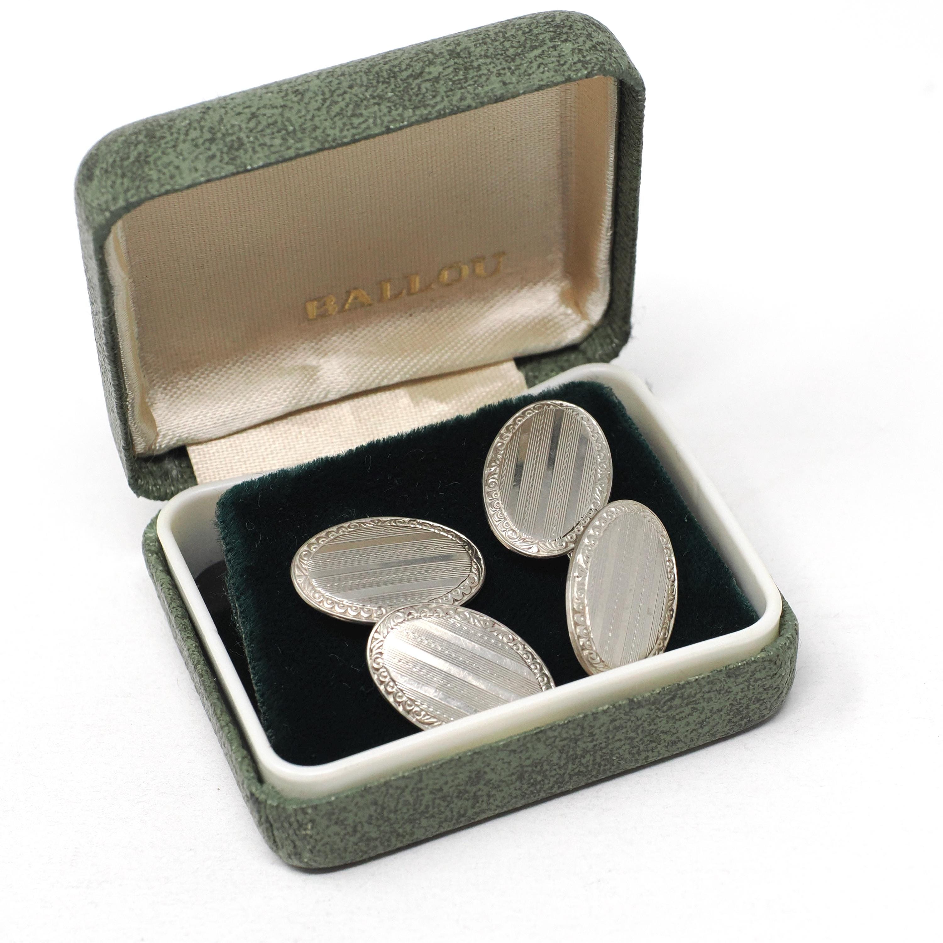 Art Deco Cufflinks - Vintage Sterling Silver Matched Oval Linear Engraved Plate Design - Circa 1930s Era Set of 2 Links Fine Unisex Jewelry