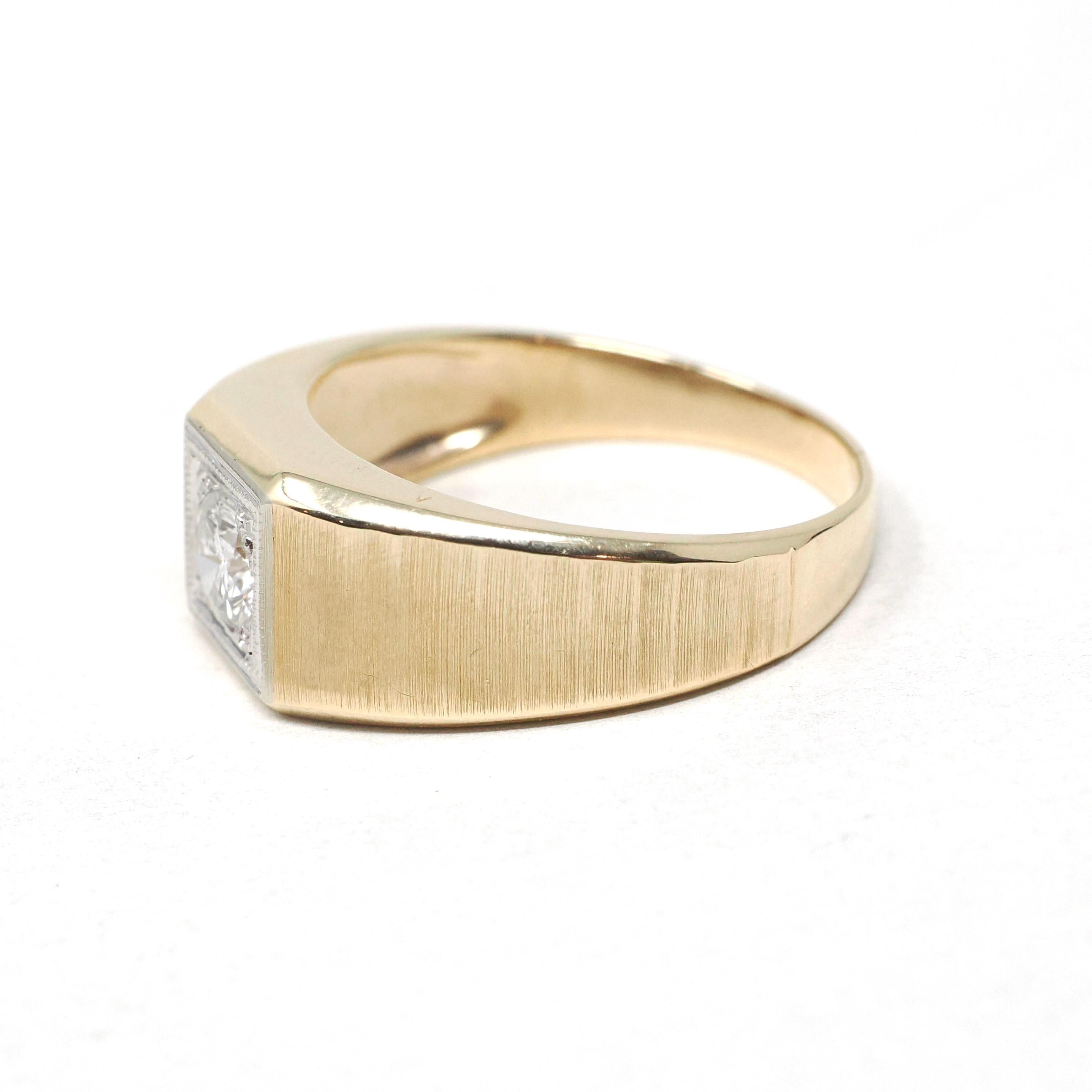 Vintage Diamond Ring - Retro 14k Yellow & White Gold Unisex .73 CT Engagement Band - Circa 1970s Era Size 12 Two Tone Fine Bridal Jewelry