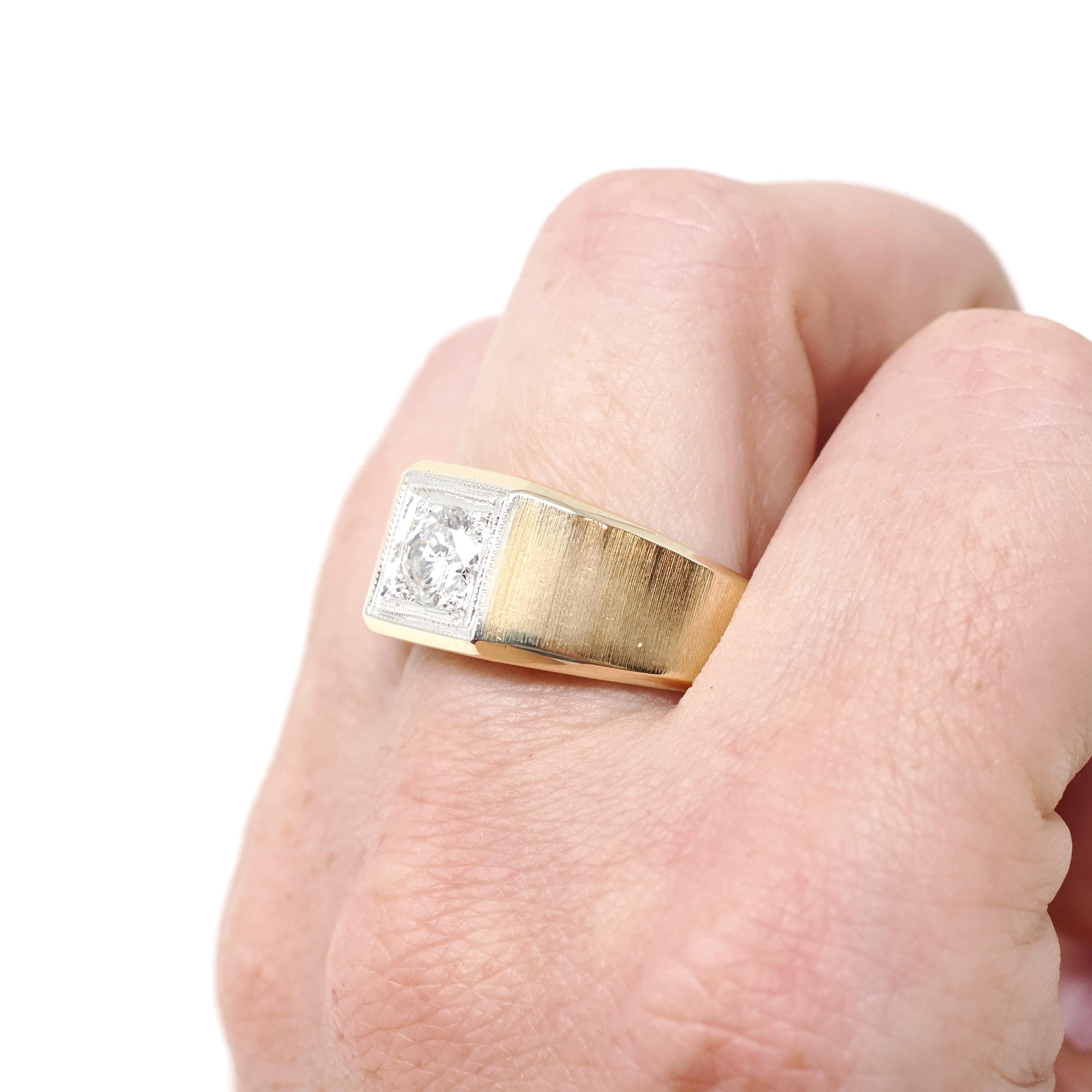 Vintage Diamond Ring - Retro 14k Yellow & White Gold Unisex .73 CT Engagement Band - Circa 1970s Era Size 12 Two Tone Fine Bridal Jewelry