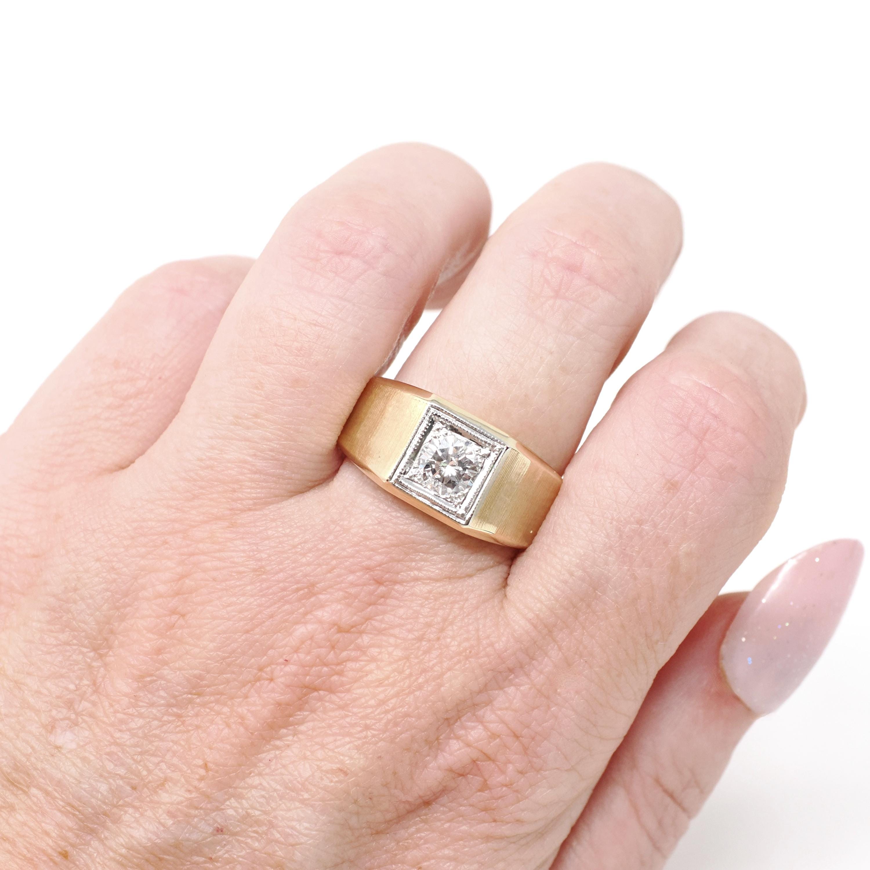 Vintage Diamond Ring - Retro 14k Yellow & White Gold Unisex .73 CT Engagement Band - Circa 1970s Era Size 12 Two Tone Fine Bridal Jewelry