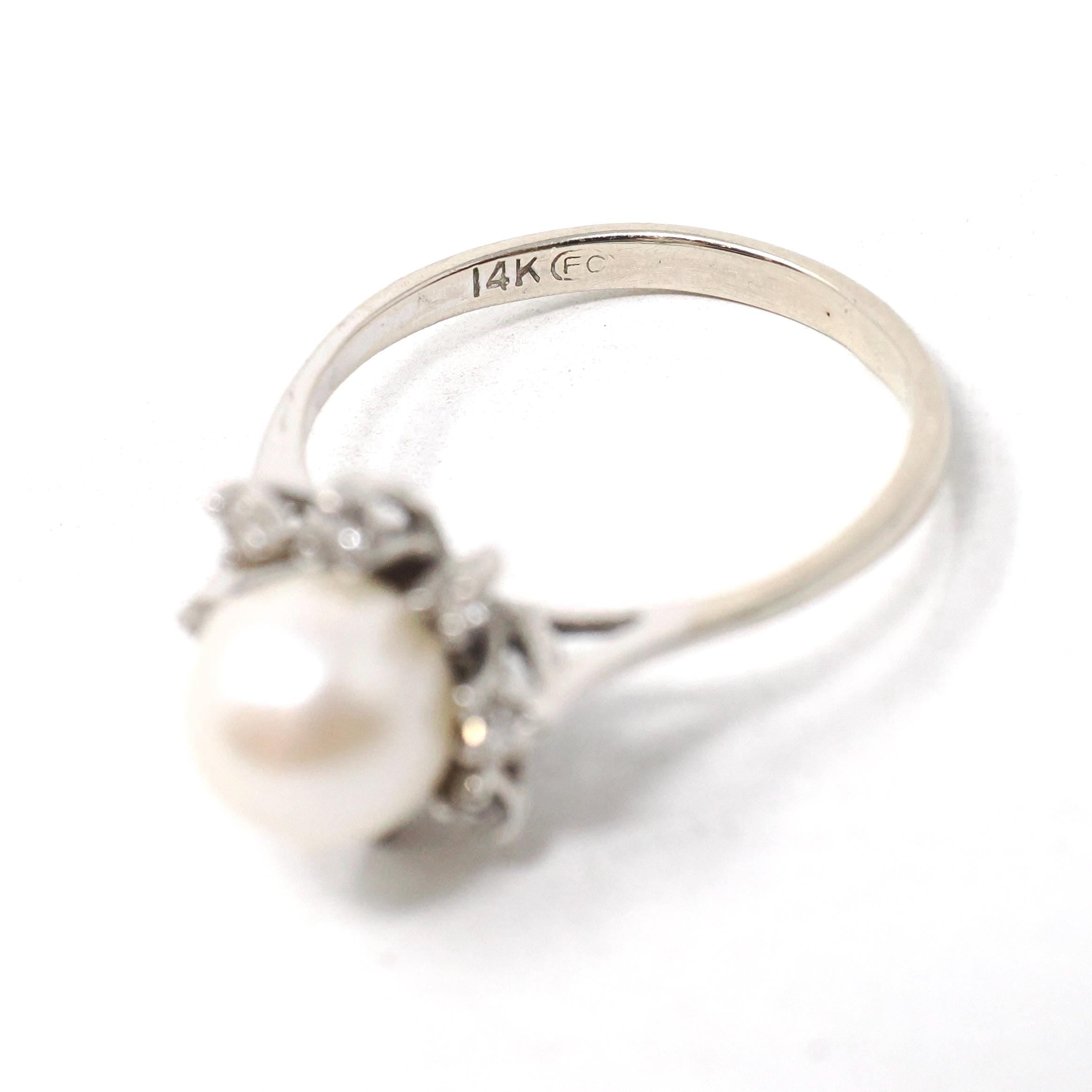 Vintage Pearl Ring - Mid Century Era 14k White Gold Cultured Organic Gem & .16 CTW Diamond Accents - Circa 1960s Size 5.75 Star Halo Jewelry