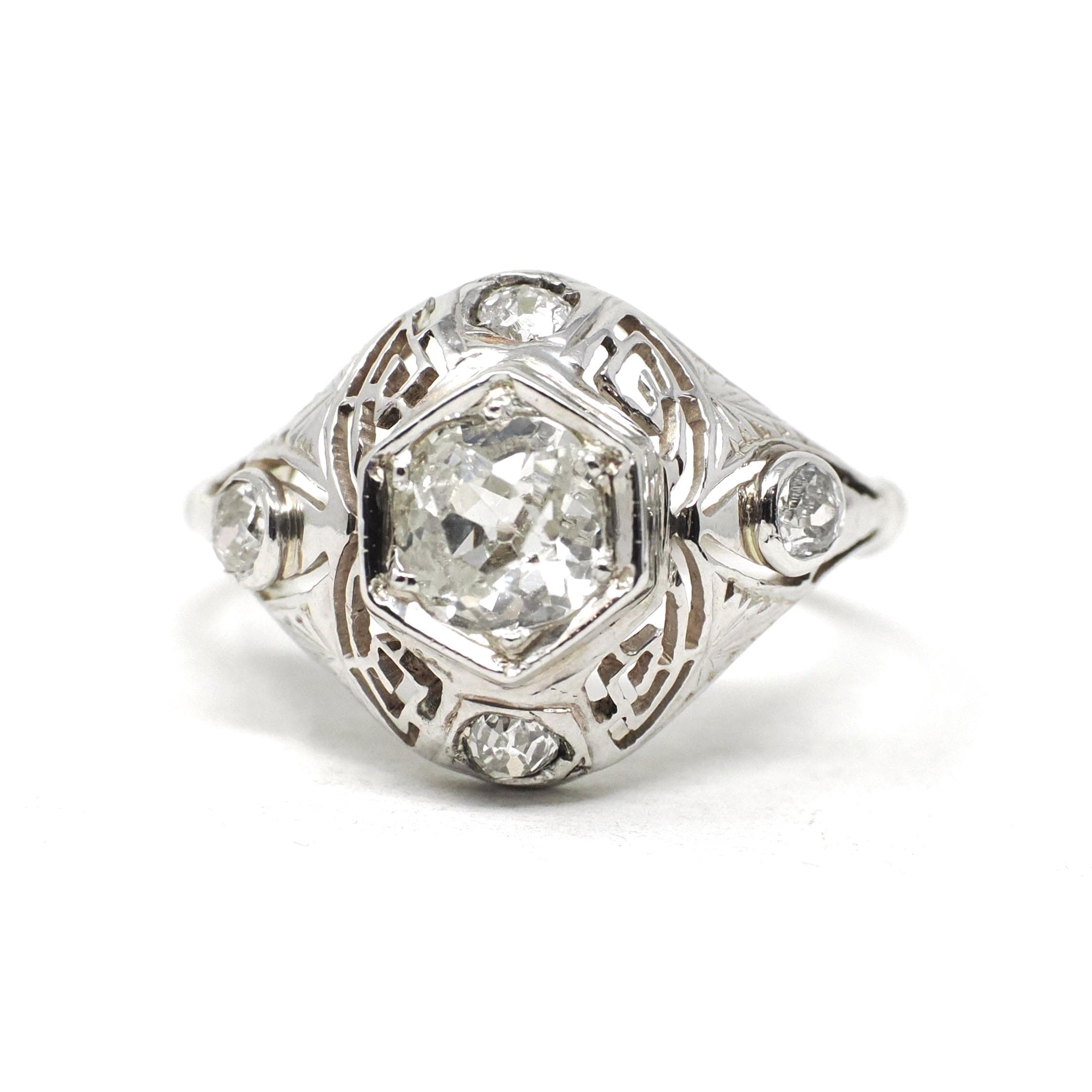 Vintage Diamond Ring - Art Deco 14k White Gold Natural .66 CTW Dome - Circa 1930s Era Size 5 3/4 Engagement Filigree Hexagonal Fine Jewelry