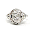 Vintage Diamond Ring - Art Deco 14k White Gold Natural .66 CTW Dome - Circa 1930s Era Size 5 3/4 Engagement Filigree Hexagonal Fine Jewelry