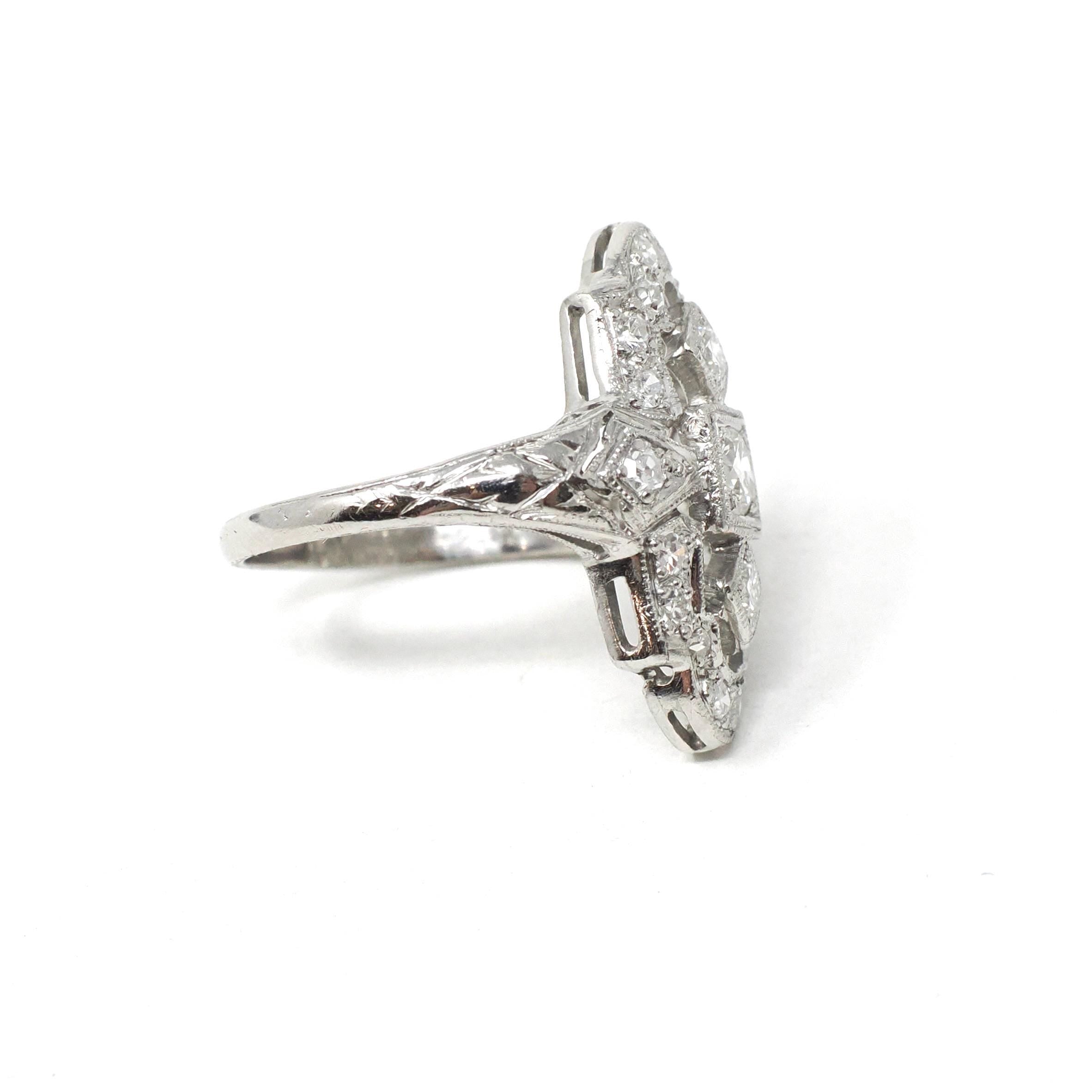 Vintage Shield Ring - Art Deco Die Struck Platinum .57 CTW Diamond Engagement - Circa 1930s Era Size 5 Filigree Fine Lace Bridal Jewelry