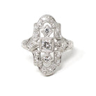 Vintage Shield Ring - Art Deco Die Struck Platinum .57 CTW Diamond Engagement - Circa 1930s Era Size 5 Filigree Fine Lace Bridal Jewelry