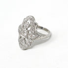 Vintage Shield Ring - Art Deco Die Struck Platinum .57 CTW Diamond Engagement - Circa 1930s Era Size 5 Filigree Fine Lace Bridal Jewelry
