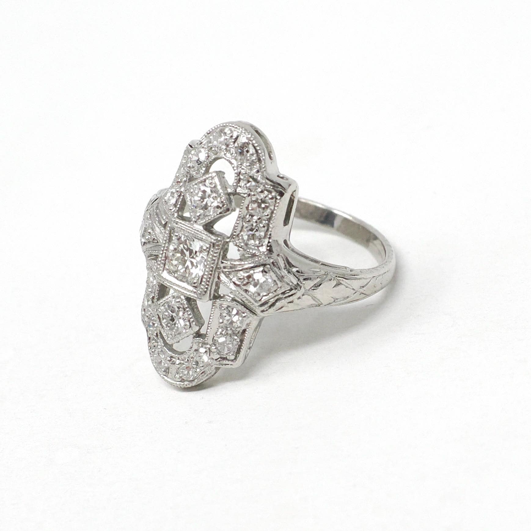 Vintage Shield Ring - Art Deco Die Struck Platinum .57 CTW Diamond Engagement - Circa 1930s Era Size 5 Filigree Fine Lace Bridal Jewelry