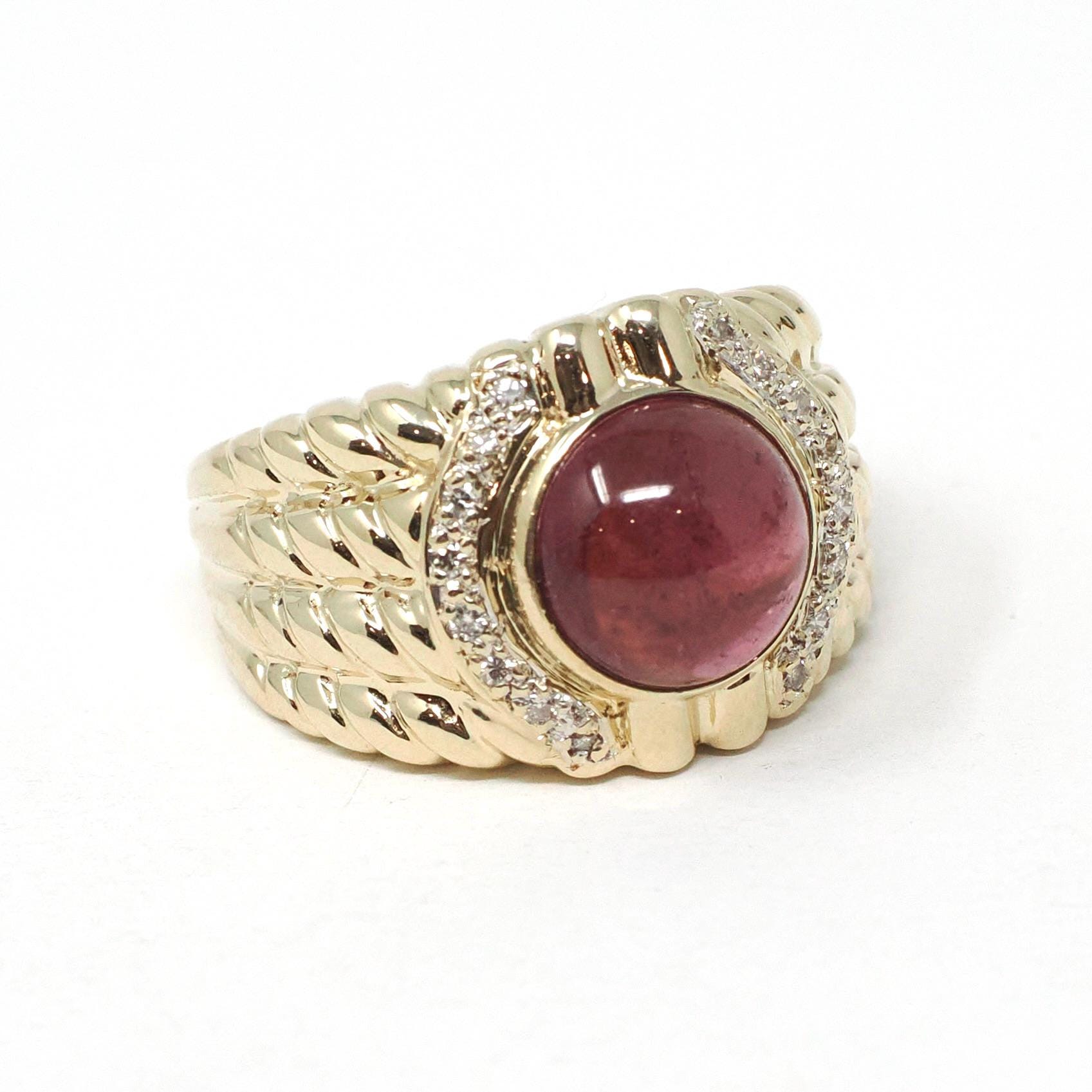 Pink Tourmaline Ring - Modern Era 14k Yellow Gold Natural Round Cabochon Gemstone Statement - Estate Size 6 October Birthstone Fine Jewelry