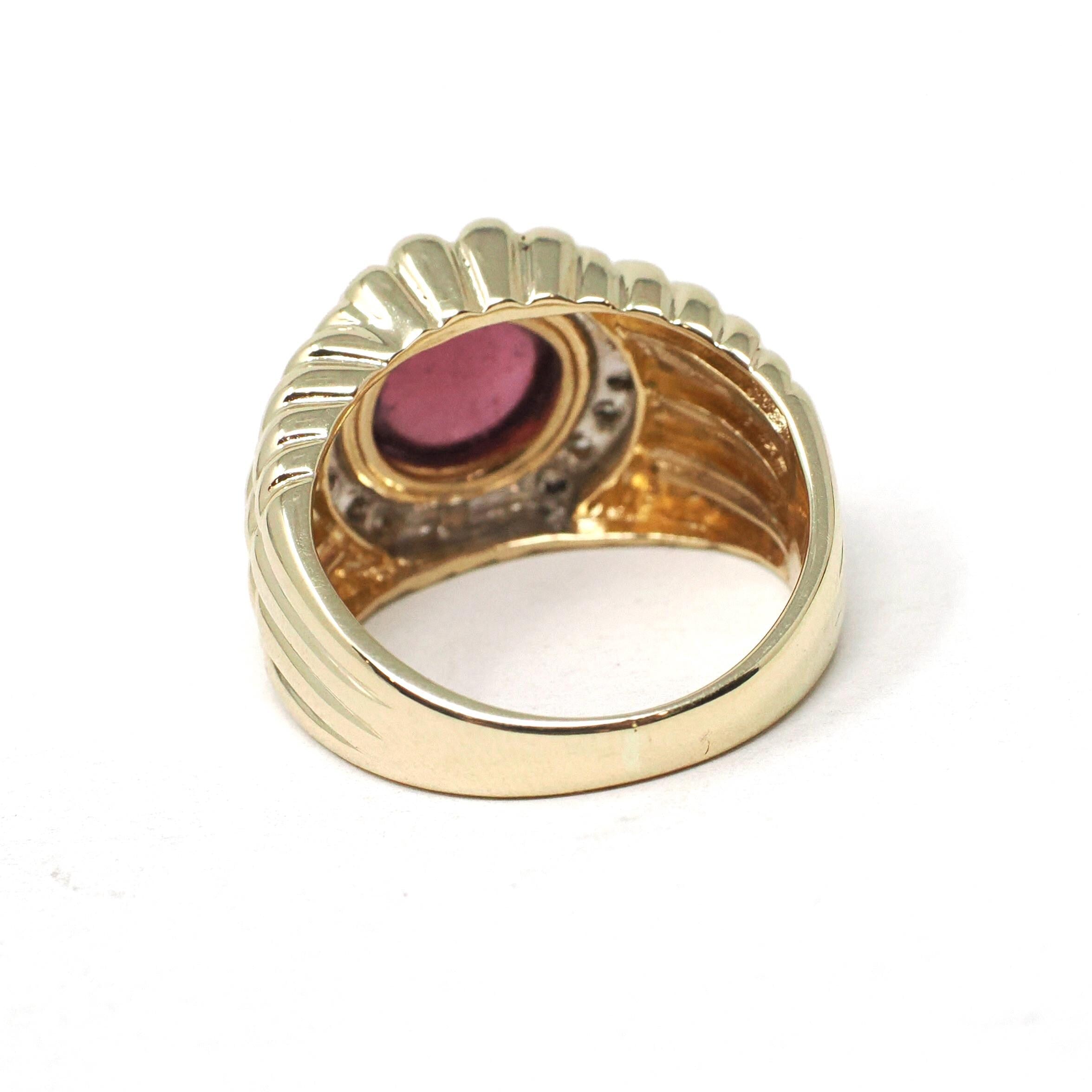 Pink Tourmaline Ring - Modern Era 14k Yellow Gold Natural Round Cabochon Gemstone Statement - Estate Size 6 October Birthstone Fine Jewelry