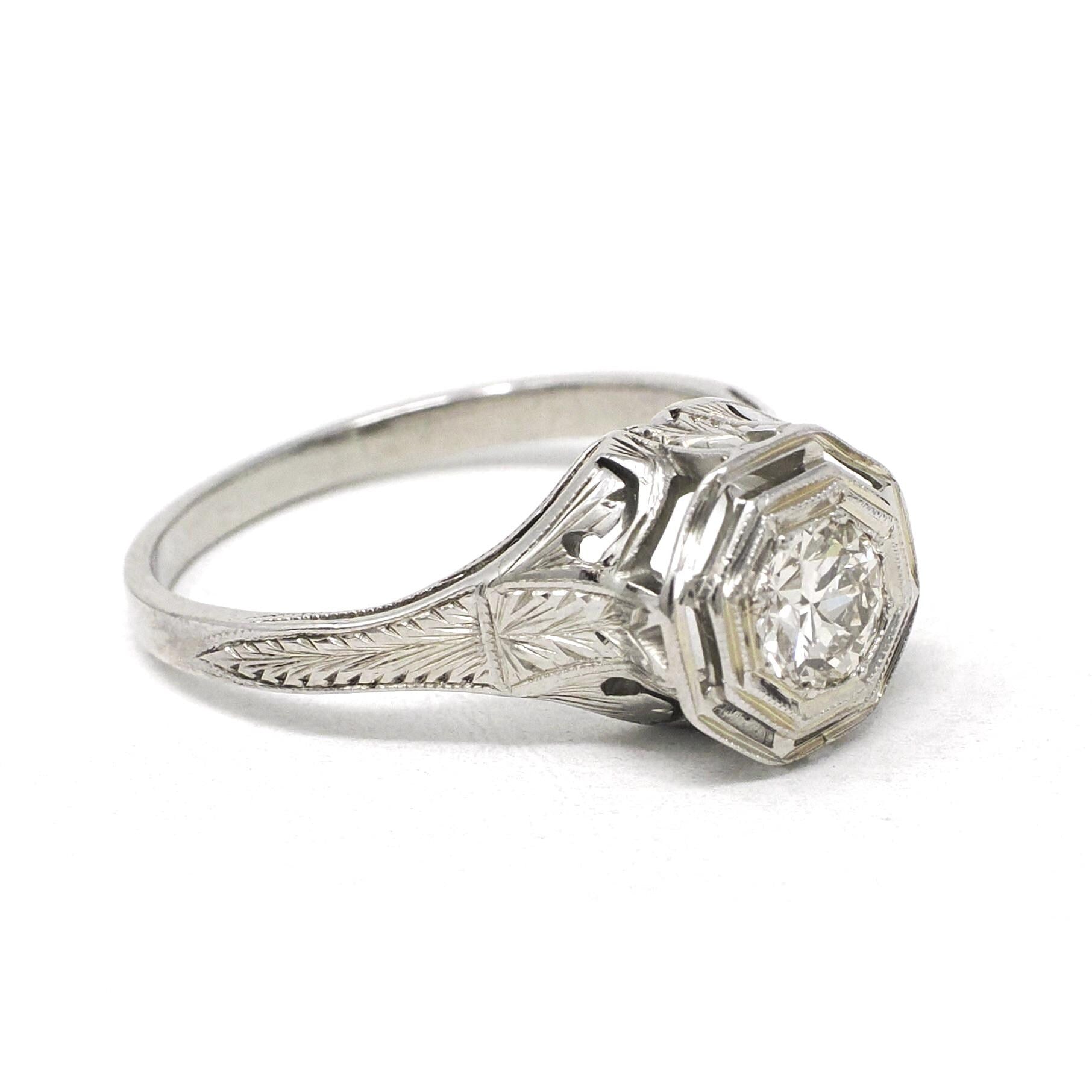 Antique Diamond Ring - Art Deco 18k White Gold Natural .50 CT Engagement - Circa 1920s Size 8 Filigree Belais Tall Basket Fine 20s Jewelry