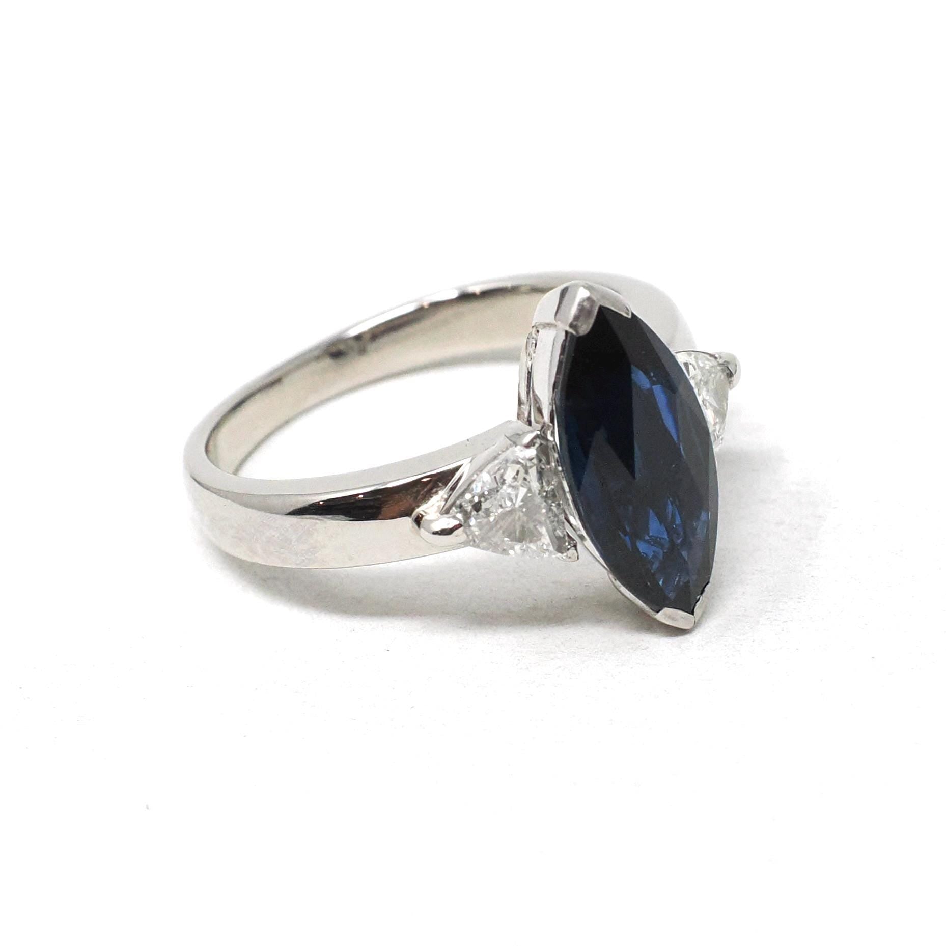 Sapphire & Diamond Ring - Estate Platinum Natural Blue Marquise Corundum Trillion Engagement - Modern Era Three Stone Navette Fine Jewelry