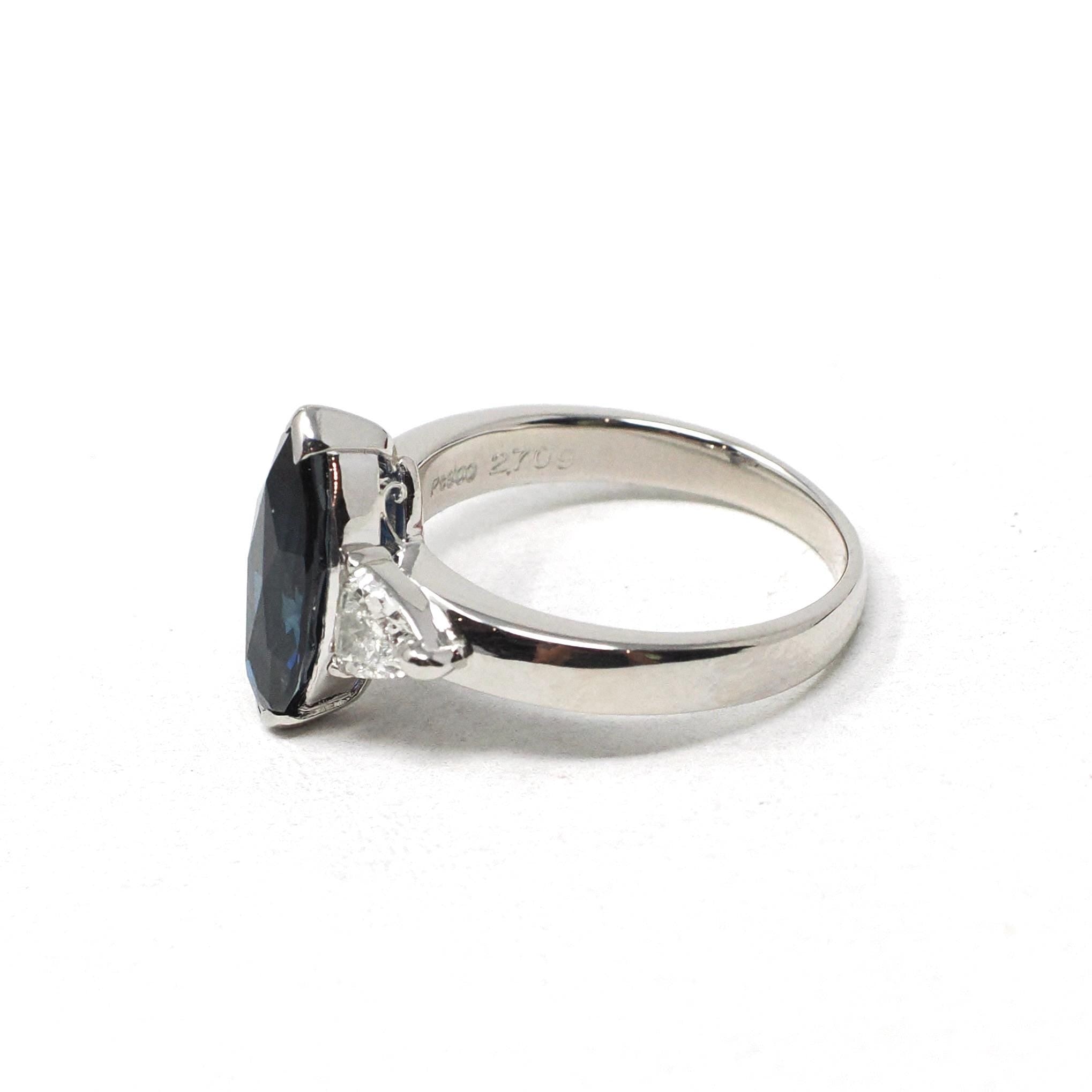 Sapphire & Diamond Ring - Estate Platinum Natural Blue Marquise Corundum Trillion Engagement - Modern Era Three Stone Navette Fine Jewelry