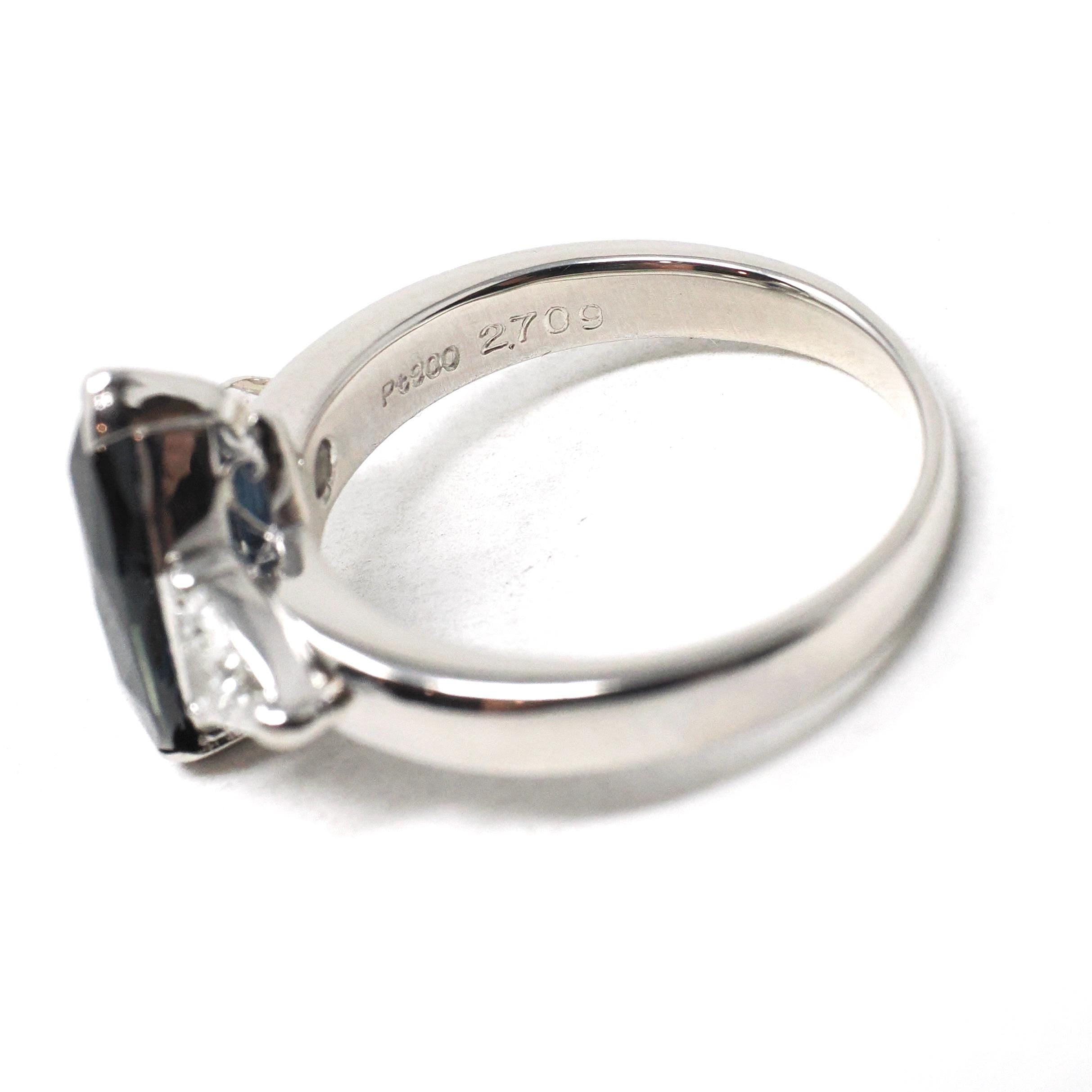 Sapphire & Diamond Ring - Estate Platinum Natural Blue Marquise Corundum Trillion Engagement - Modern Era Three Stone Navette Fine Jewelry