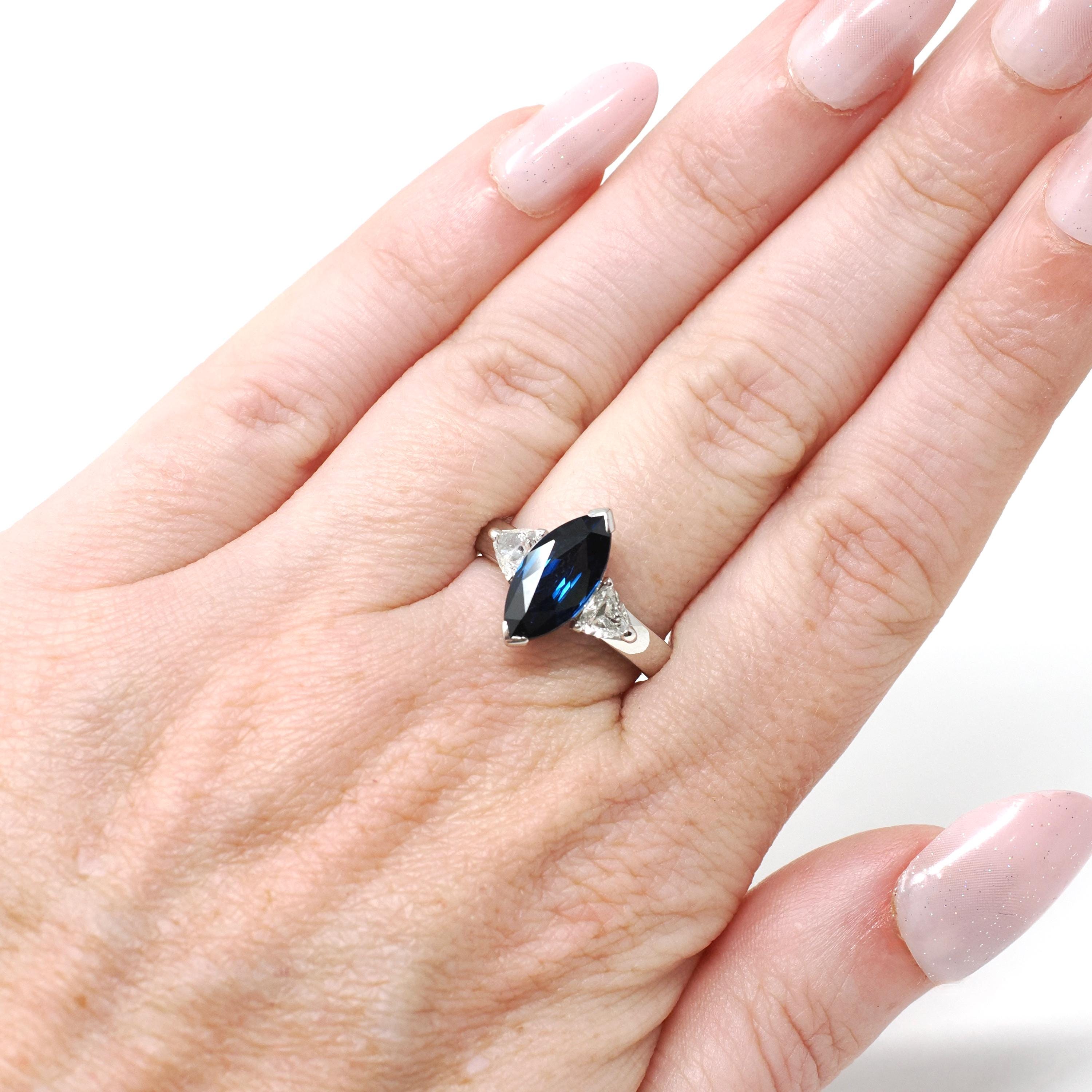Sapphire & Diamond Ring - Estate Platinum Natural Blue Marquise Corundum Trillion Engagement - Modern Era Three Stone Navette Fine Jewelry