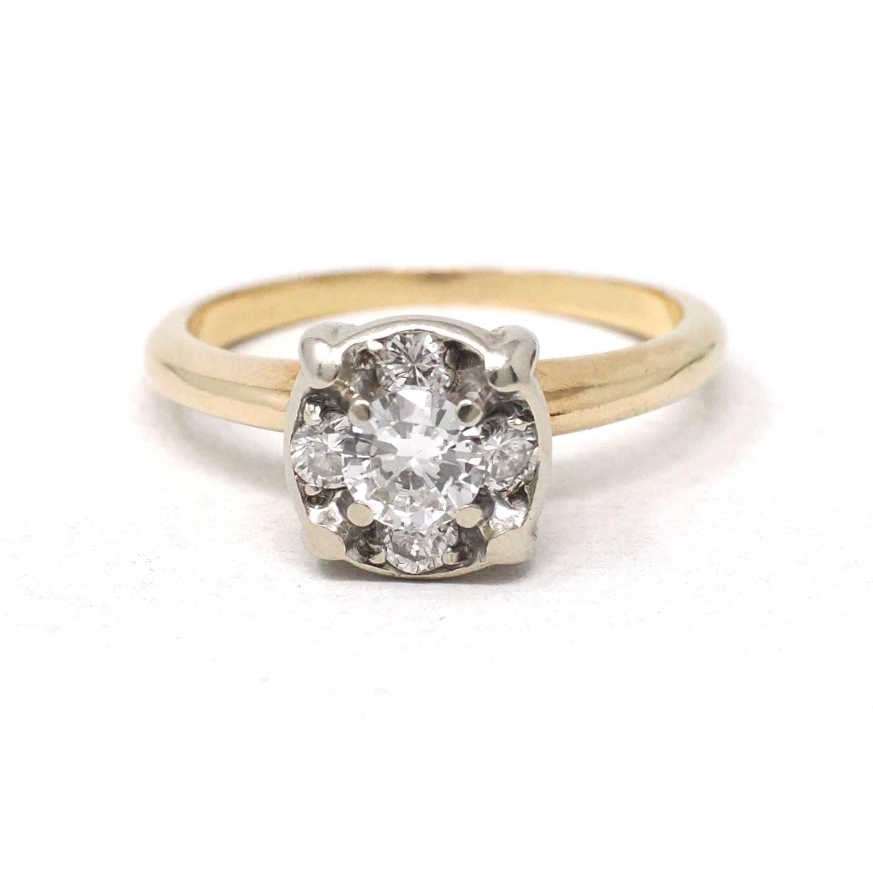 Vintage Diamond Ring - Mid Century 14k Yellow & White Gold Natural .50 CTW Clustered Engagement - Circa 1940s Size 5.5 Illusion Fine Jewelry