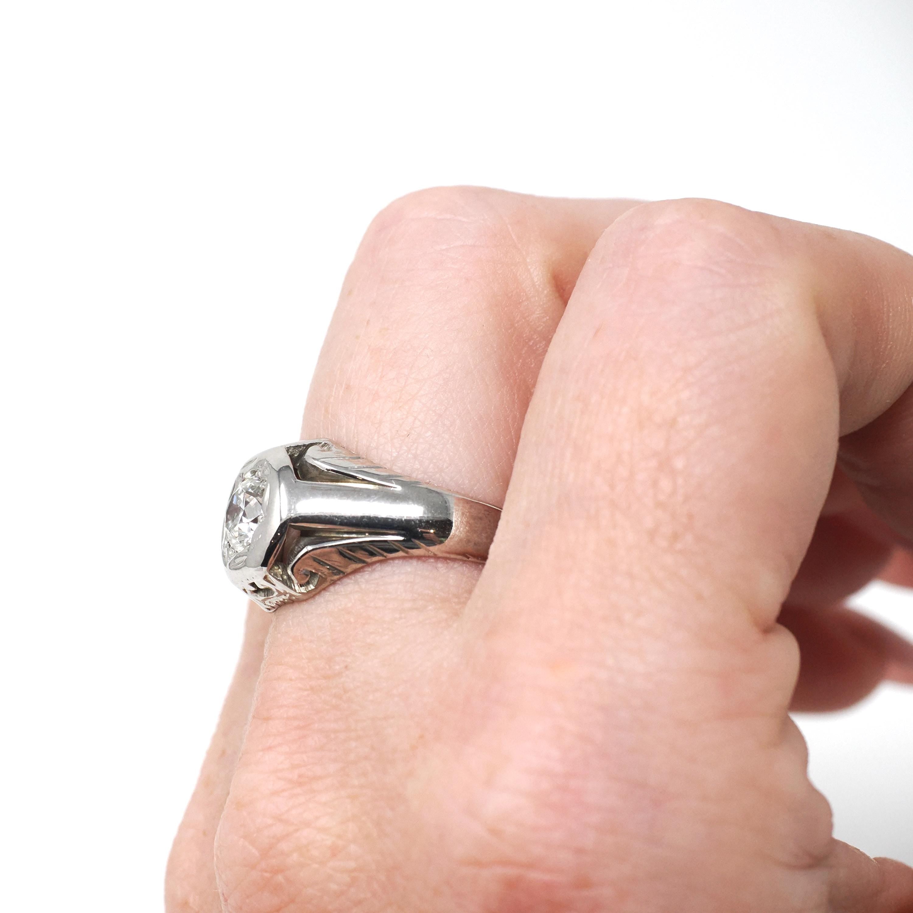 Art Deco Diamond Ring - Vintage 14k White Gold .70 CT Star Incised Unisex Engagement - Circa 1930s Era Size 7 Fine Sun Bridal Jewelry