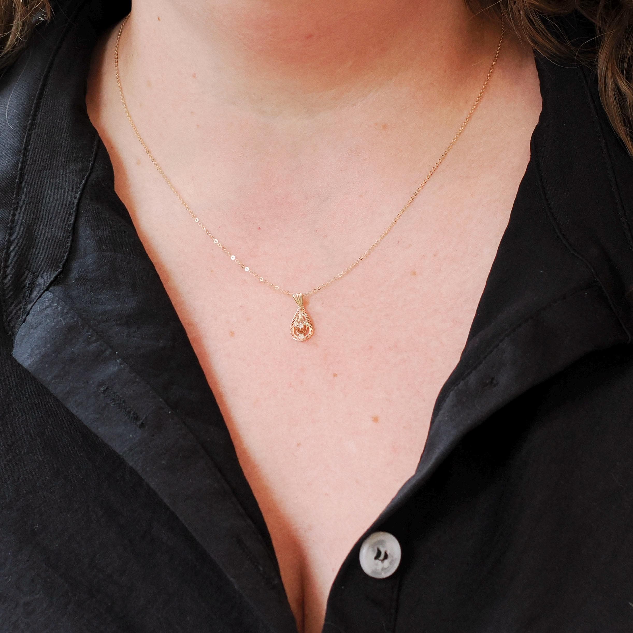 Antique Diamond Lavalier - Edwardian 10k 14k Yellow Gold Natural Gemstone Pendant Necklace - Circa 1910s Teardrop Pear Filigree Fine Jewelry