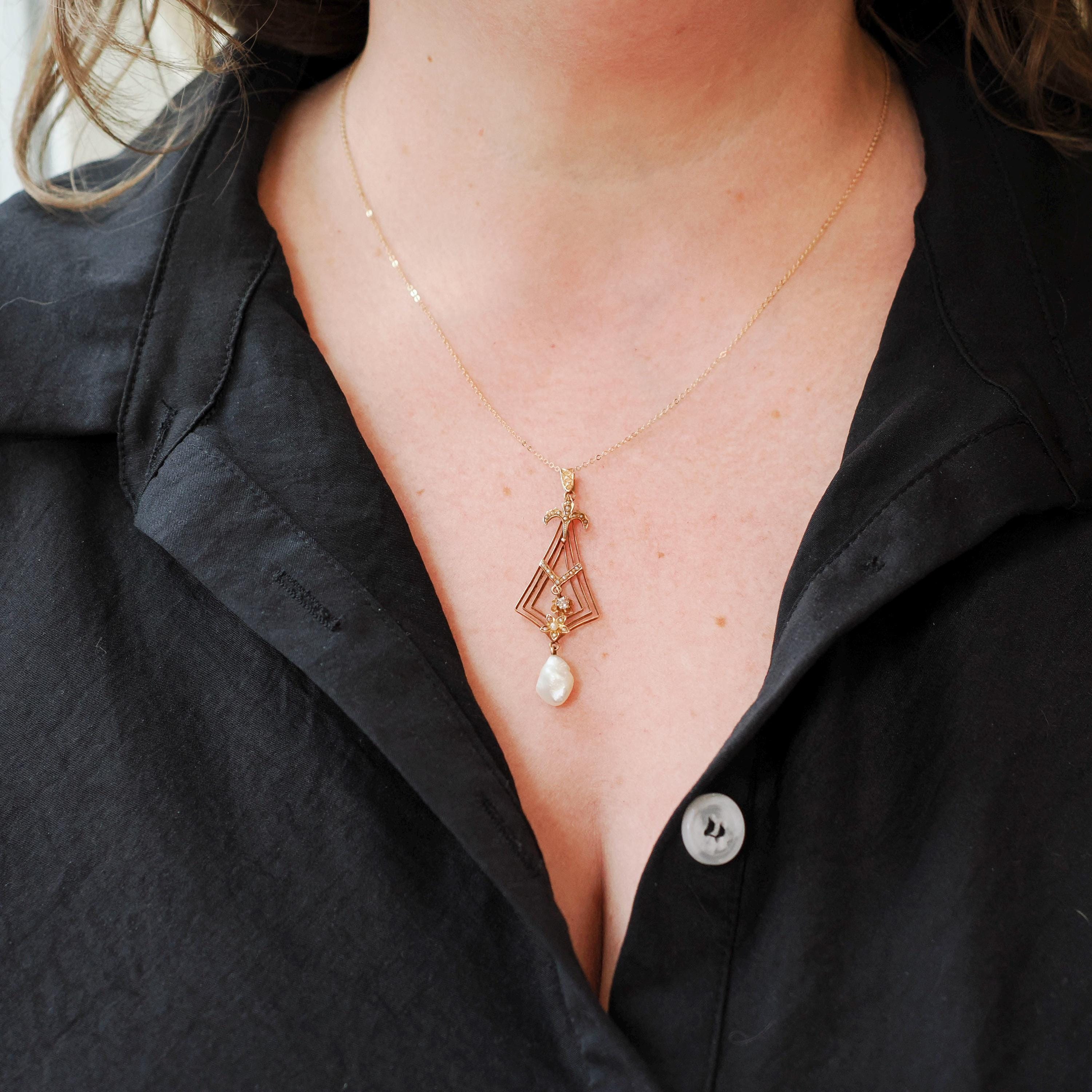 Antique Lavalier Pendant - Vintage 10k Yellow Gold Seed Pearl Natural Diamond Flower Charm Necklace - Edwardian Circa 1910s Era Fine Jewelry