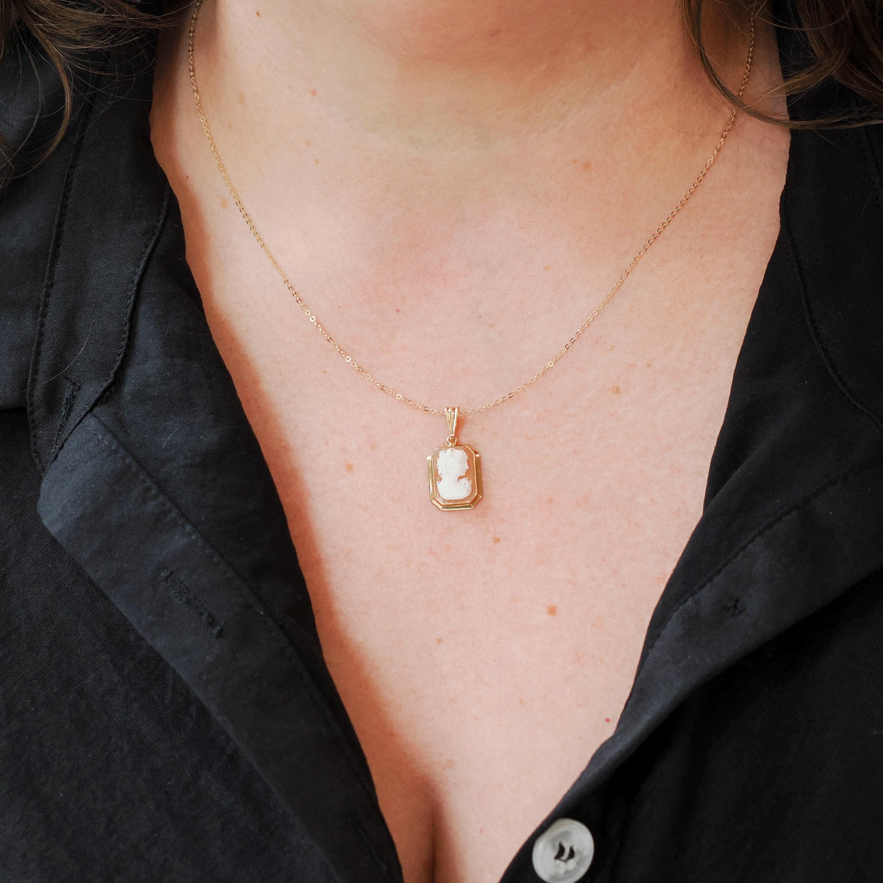 Vintage Cameo Necklace - Mid Century 10k Yellow Gold Rectangular Carved Shell Woman's Profile Pendant - Circa 1940s Statement Fine Jewelry