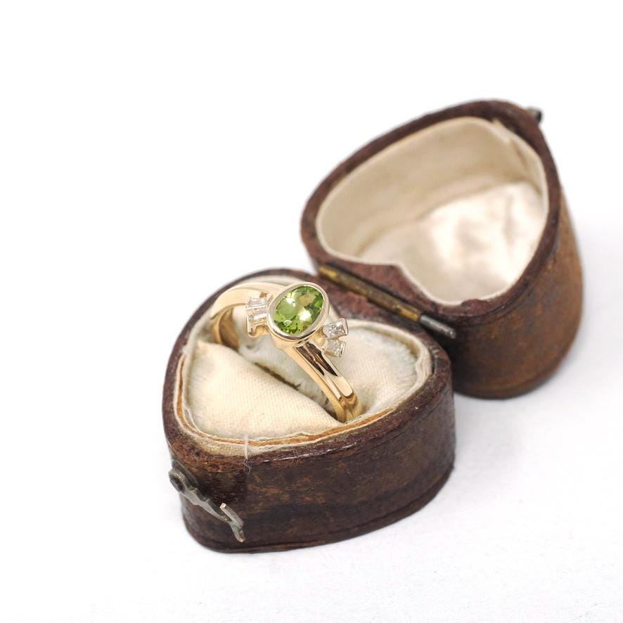 Peridot & Diamond Ring - Modern 14k Yellow Gold Oval Faceted Green Gemstone Bypass - Circa 2000s Era Size 6 August Birthstone Fine Jewelry