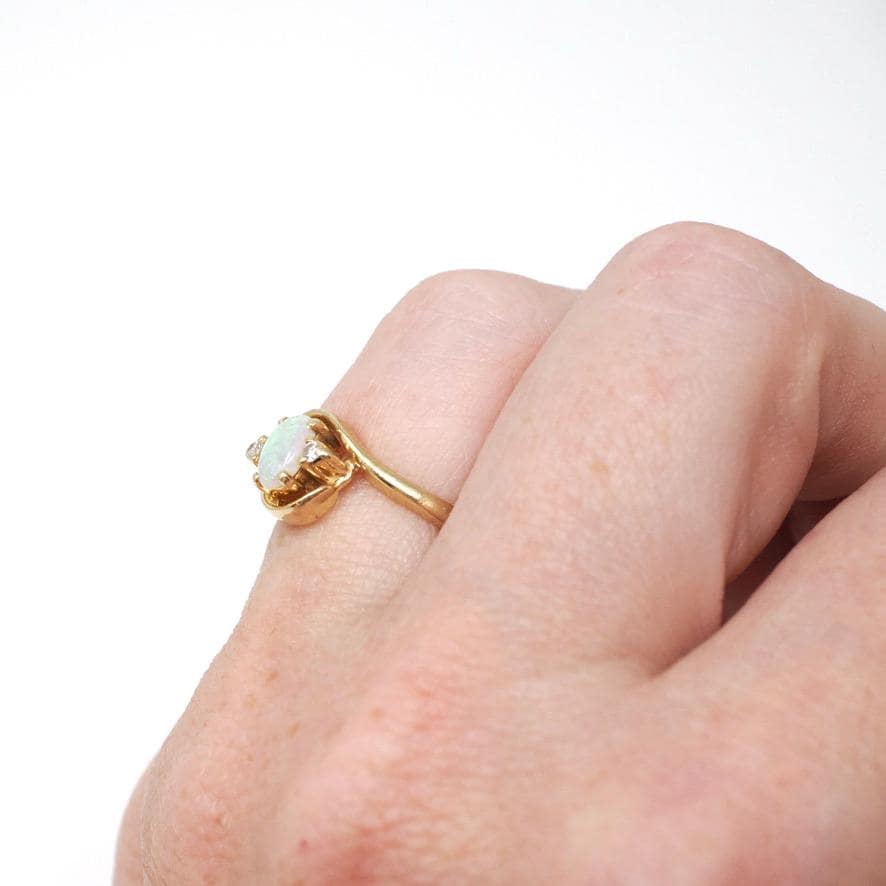 Opal & Diamond Ring - Modern 14k Yellow Gold Natural Oval Cabochon Cut Gemstone Bypass - Estate Circa 2000's Era Size 4 1/4 Fine Jewelry