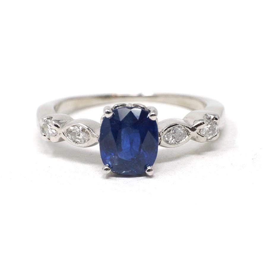 Sapphire & Diamond Ring - Estate Platinum Natural Blue Cushion Cut Gemstone Engagement - Modern Era 2000s Anniversary Bridal Fine Jewelry