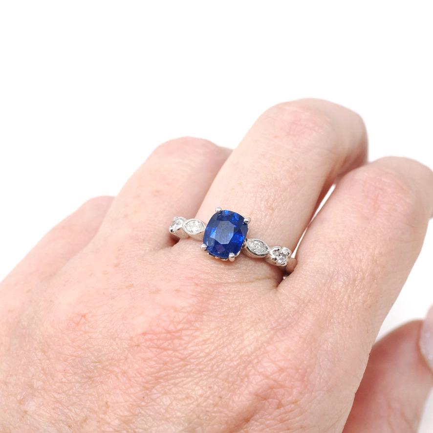 Sapphire & Diamond Ring - Estate Platinum Natural Blue Cushion Cut Gemstone Engagement - Modern Era 2000s Anniversary Bridal Fine Jewelry