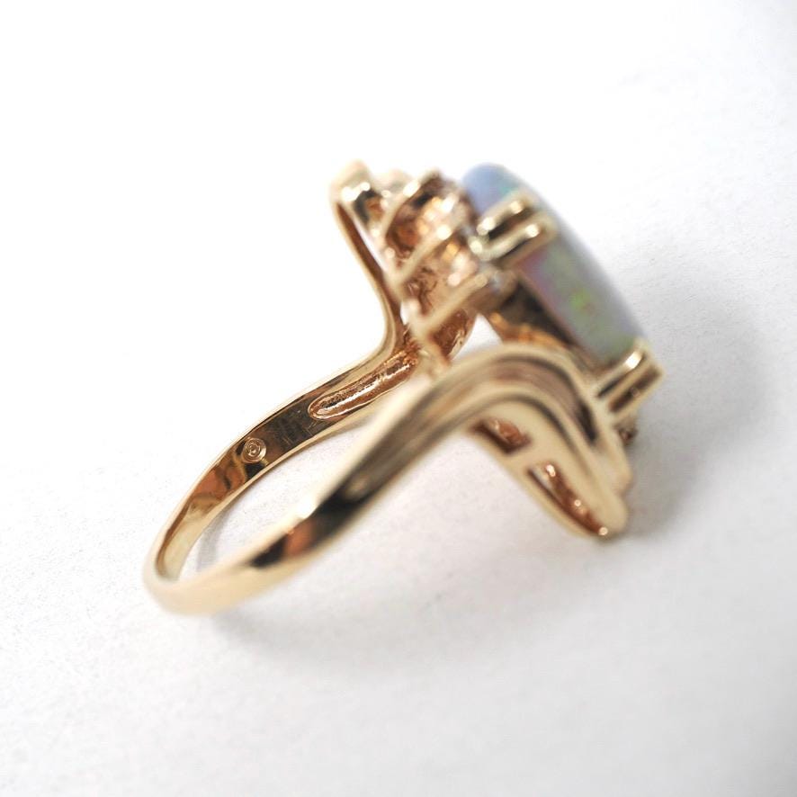 Vintage Opal & Diamond Ring - Estate 14k Yellow Gold Natural Oval Cabochon Gemstone - Modern Circa 1980s Size 9 Bypass Cocktail Fine Jewelry