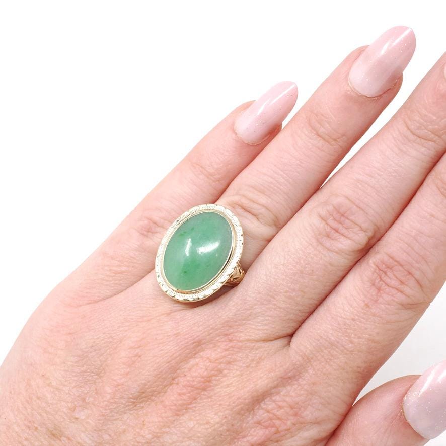 Vintage Jadeite Ring - Mid Century 14k Yellow Gold Natural Green Cabochon Cut Gemstone - Circa 1940s Era Statement Size 4 1/4 Fine Jewelry