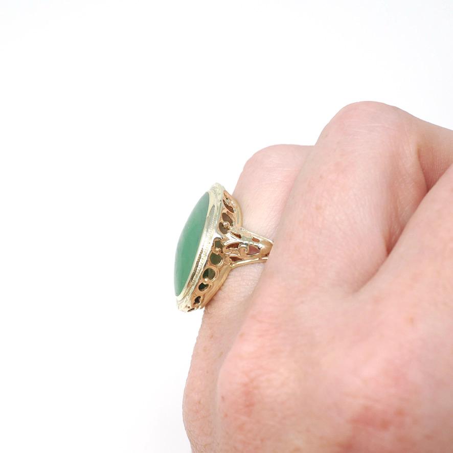 Vintage Jadeite Ring - Mid Century 14k Yellow Gold Natural Green Cabochon Cut Gemstone - Circa 1940s Era Statement Size 4 1/4 Fine Jewelry
