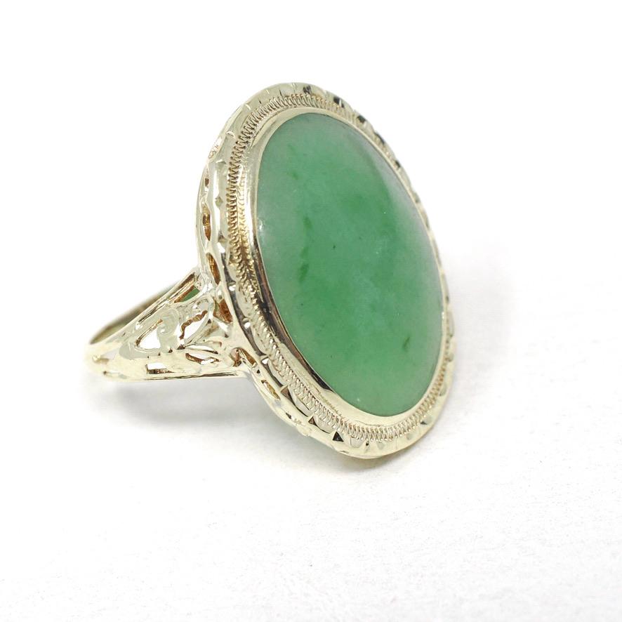 Vintage Jadeite Ring - Mid Century 14k Yellow Gold Natural Green Cabochon Cut Gemstone - Circa 1940s Era Statement Size 4 1/4 Fine Jewelry