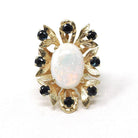 Vintage Opal & Sapphire Ring - Estate 14k Yellow Gold Statement Leaf Flower - Circa 1980s Era Size 5 1/2 Halo Brutalist Style Fine Jewelry