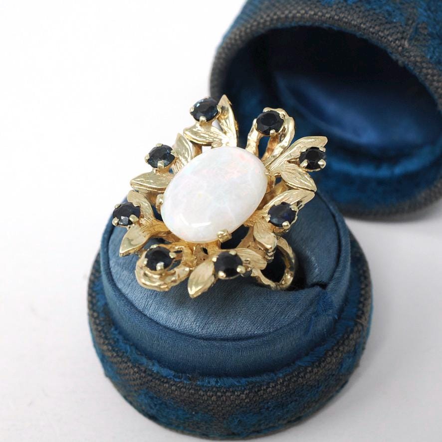 Vintage Opal & Sapphire Ring - Estate 14k Yellow Gold Statement Leaf Flower - Circa 1980s Era Size 5 1/2 Halo Brutalist Style Fine Jewelry