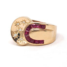 Viintage Cocktail Ring - Retro 18k Rose Gold Star Incised Natural Diamonds Created Rubies - Circa 1960s Era Size 8 1/4 Buckle Fine Jewelry