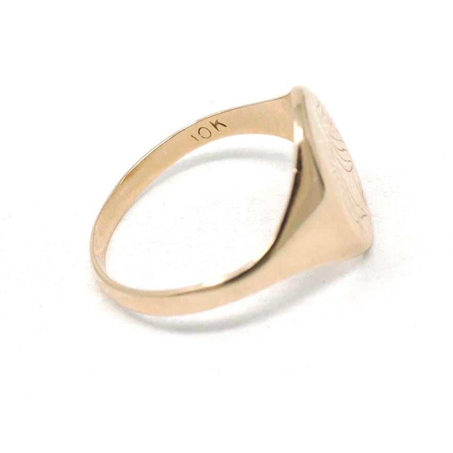 Edwardian Signet Ring - Antique 10k Yellow Gold Oval Engraved SP Pinky Midi Band - Circa 1910s Size 3 1/2 Fine Personal Statement Jewelry