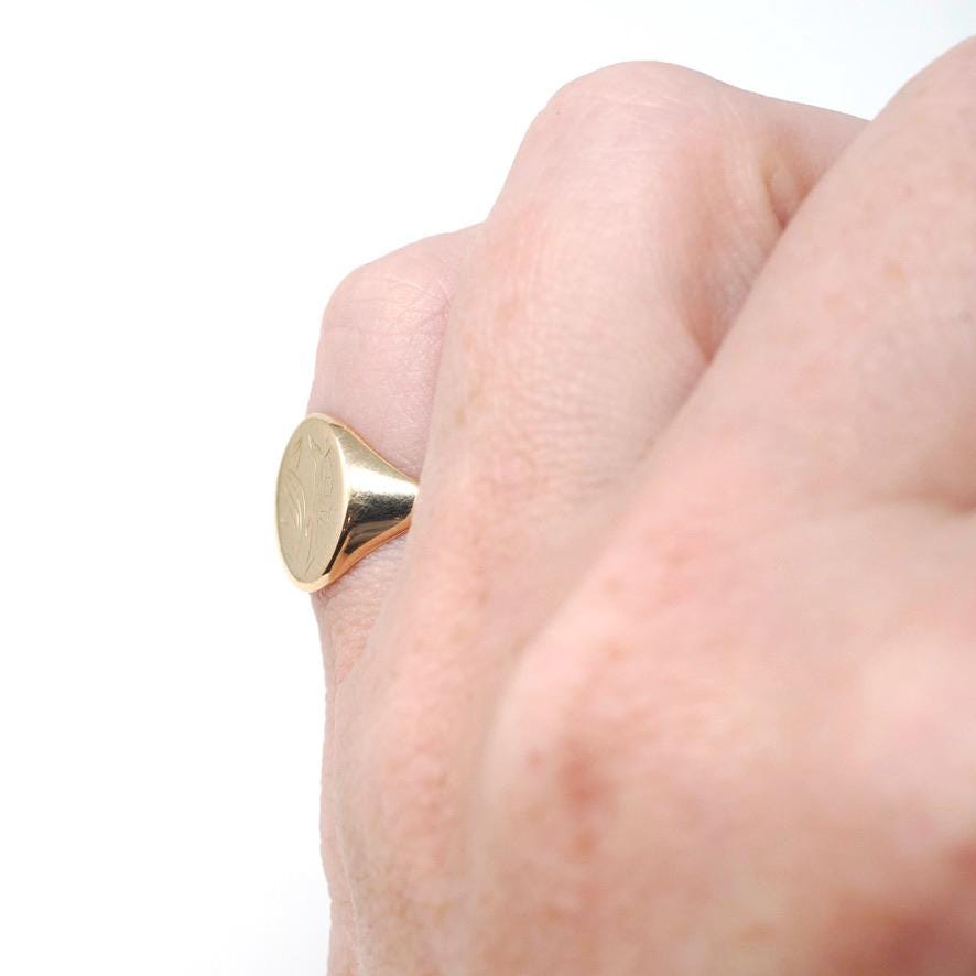 Edwardian Signet Ring - Antique 10k Yellow Gold Oval Engraved SP Pinky Midi Band - Circa 1910s Size 3 1/2 Fine Personal Statement Jewelry