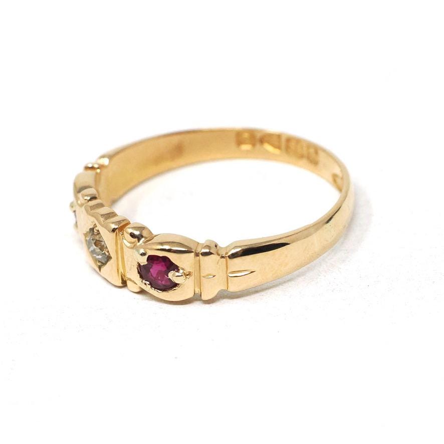 Antique Ruby & Diamond Band - Edwardian 18k Yellow Gold Natural Red And White Gemstone Ring - English Hallmark 1900s Size 7 Fine Jewelry