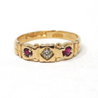 Antique Ruby & Diamond Band - Edwardian 18k Yellow Gold Natural Red And White Gemstone Ring - English Hallmark 1900s Size 7 Fine Jewelry