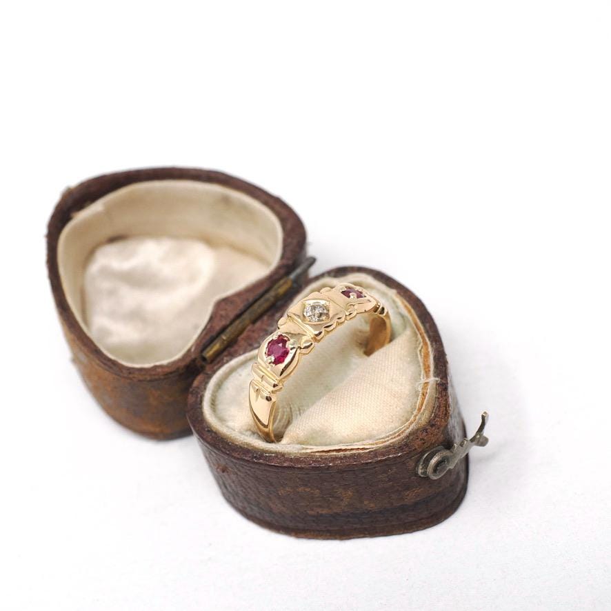 Antique Ruby & Diamond Band - Edwardian 18k Yellow Gold Natural Red And White Gemstone Ring - English Hallmark 1900s Size 7 Fine Jewelry