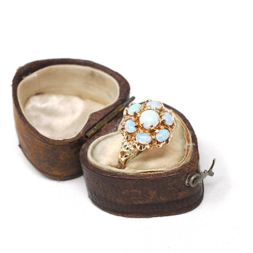 Vintage Opal Ring - Mid Century 10k Yellow Gold Natural Gemstone Flower Cluster Statement - Circa 1960s Era Size 5 3/4 Floral Fine Jewelry