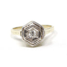 Art Deco Diamond Ring - Vintage 14k Yellow White Gold .13 CT Hexagonal Engagement - Circa 1930s Era Size 6.5 Fine Tall Crown Bridal Jewelry