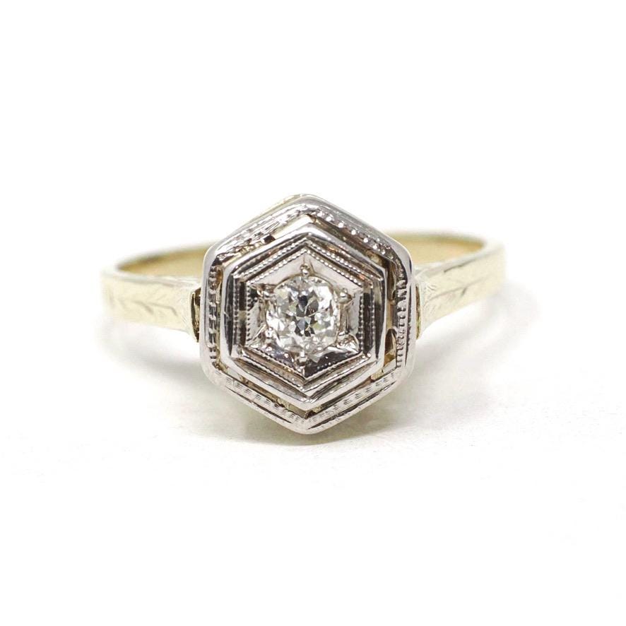 Art Deco Diamond Ring - Vintage 14k Yellow White Gold .13 CT Hexagonal Engagement - Circa 1930s Era Size 6.5 Fine Tall Crown Bridal Jewelry
