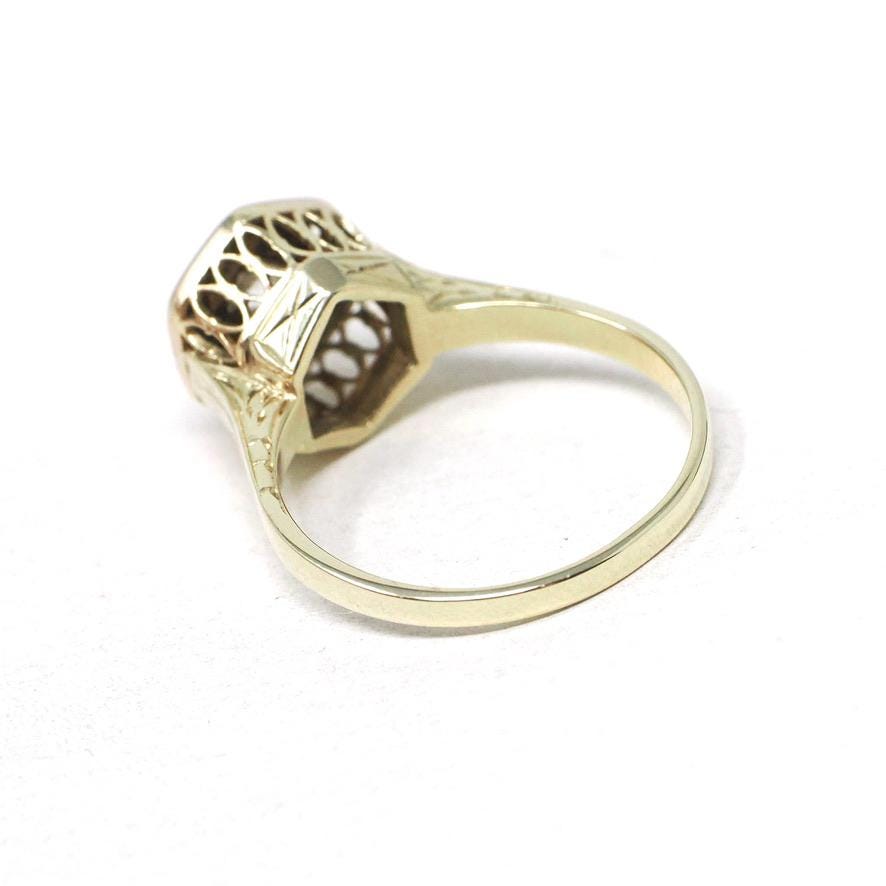 Art Deco Diamond Ring - Vintage 14k Yellow White Gold .13 CT Hexagonal Engagement - Circa 1930s Era Size 6.5 Fine Tall Crown Bridal Jewelry