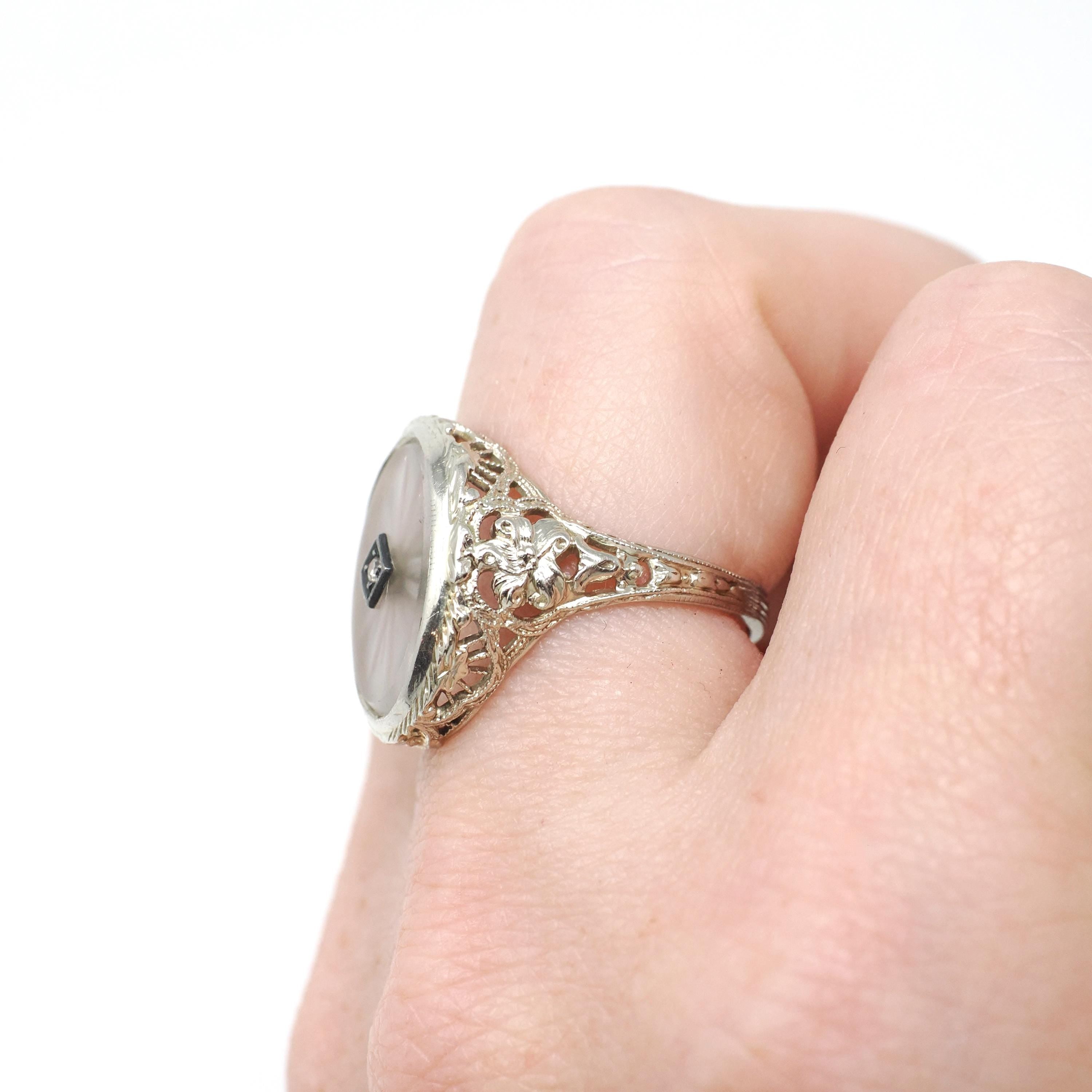 Rock Crystal Quartz Ring - Vintage 14k White Gold Oval Natural Diamond Statement - Vintage 1930s Size 6 1/4 Camphor Glass Style Fine Jewelry